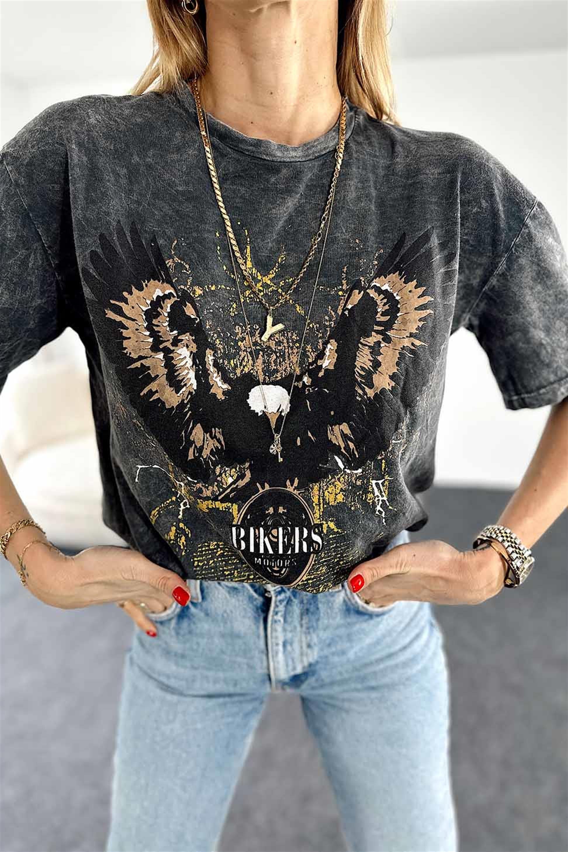 Stay Wild Kartal Baskılı Yıkamalı Tişört Gri