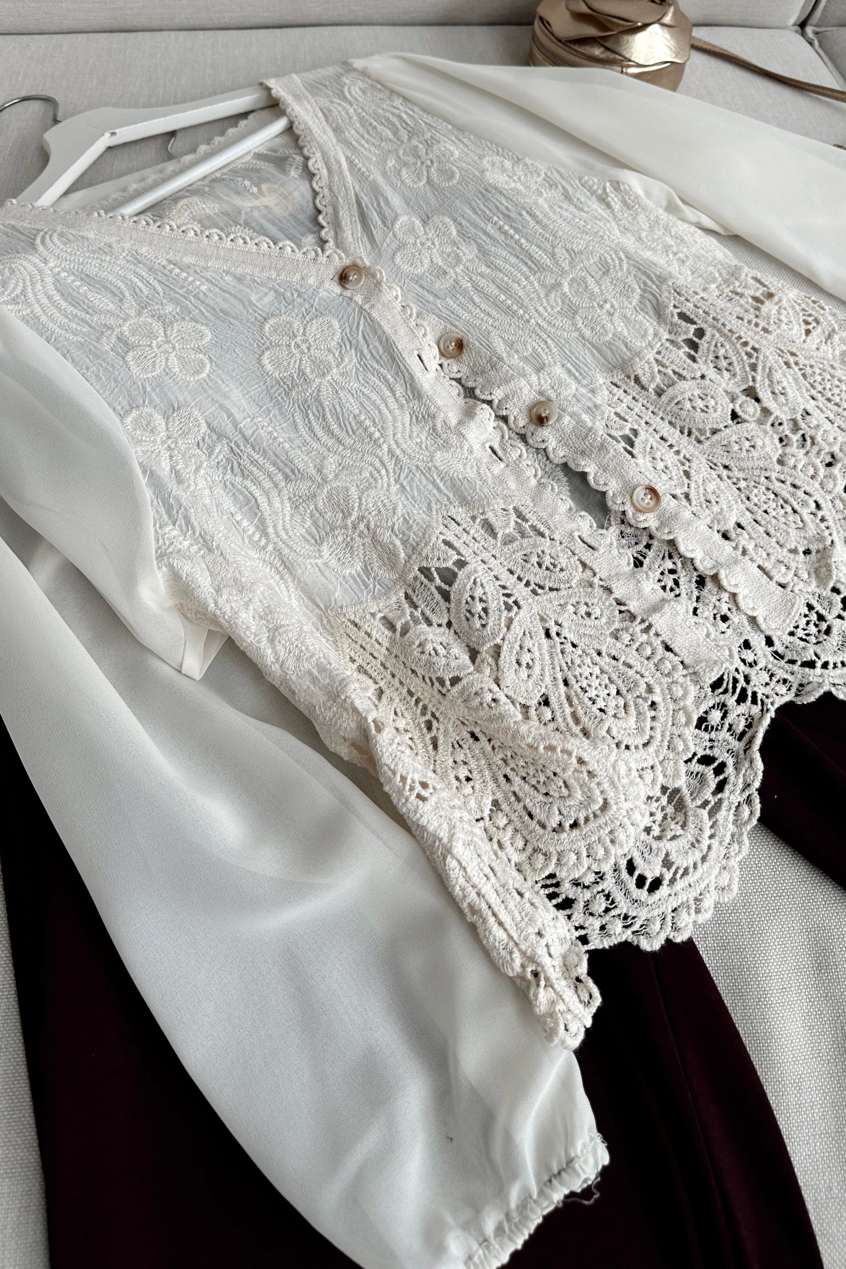 Summer Lace Kolları Tül Tasarım Bluz Ekru