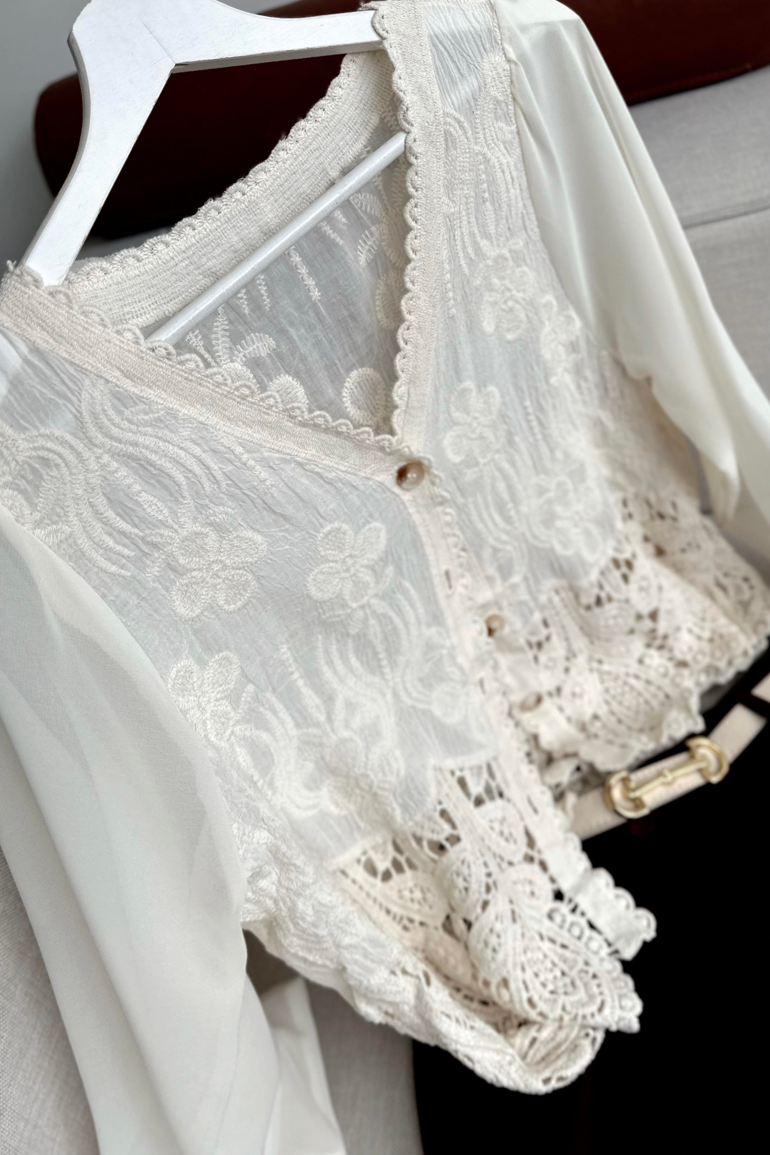 Summer Lace Kolları Tül Tasarım Bluz Ekru