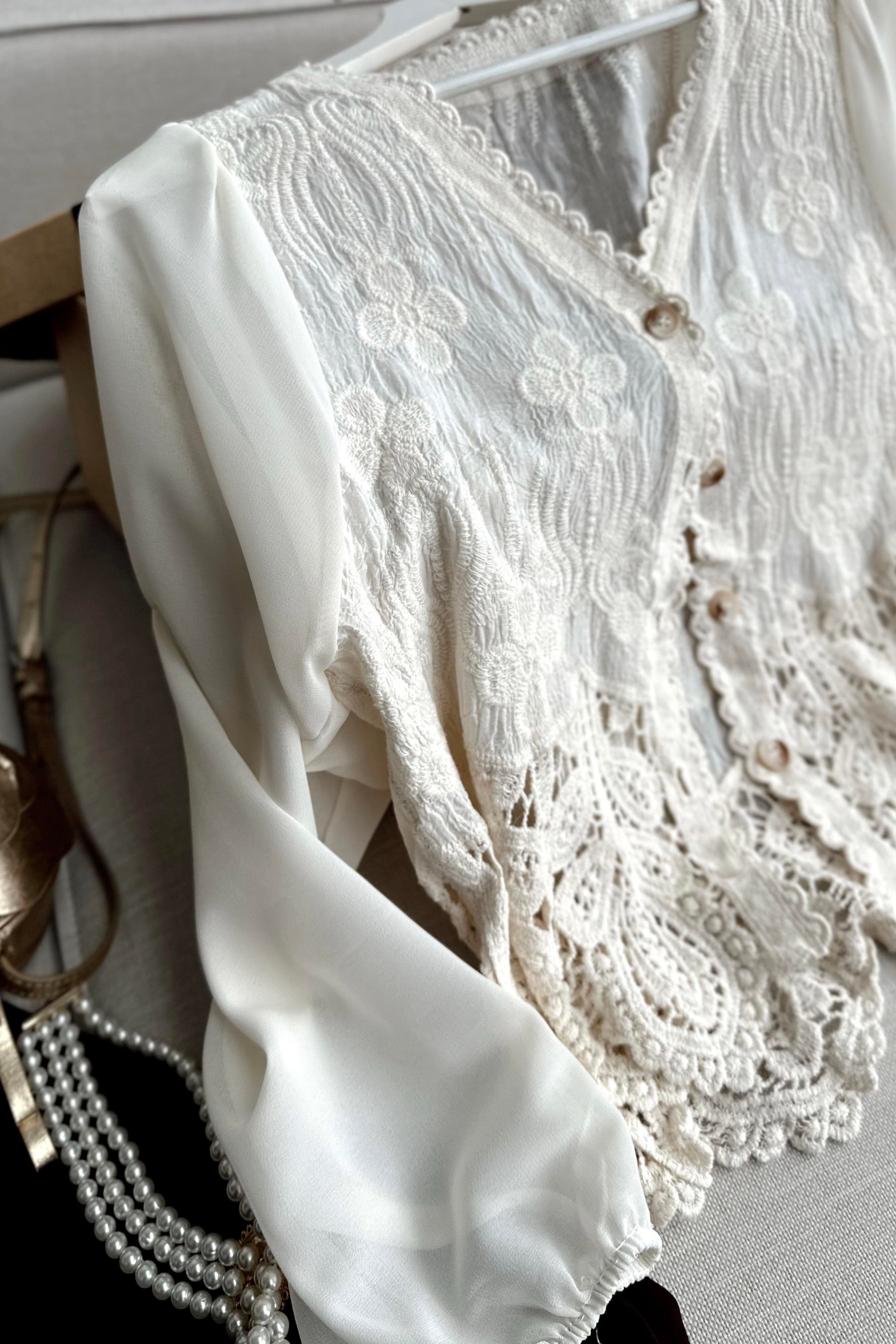 Summer Lace Kolları Tül Tasarım Bluz Ekru