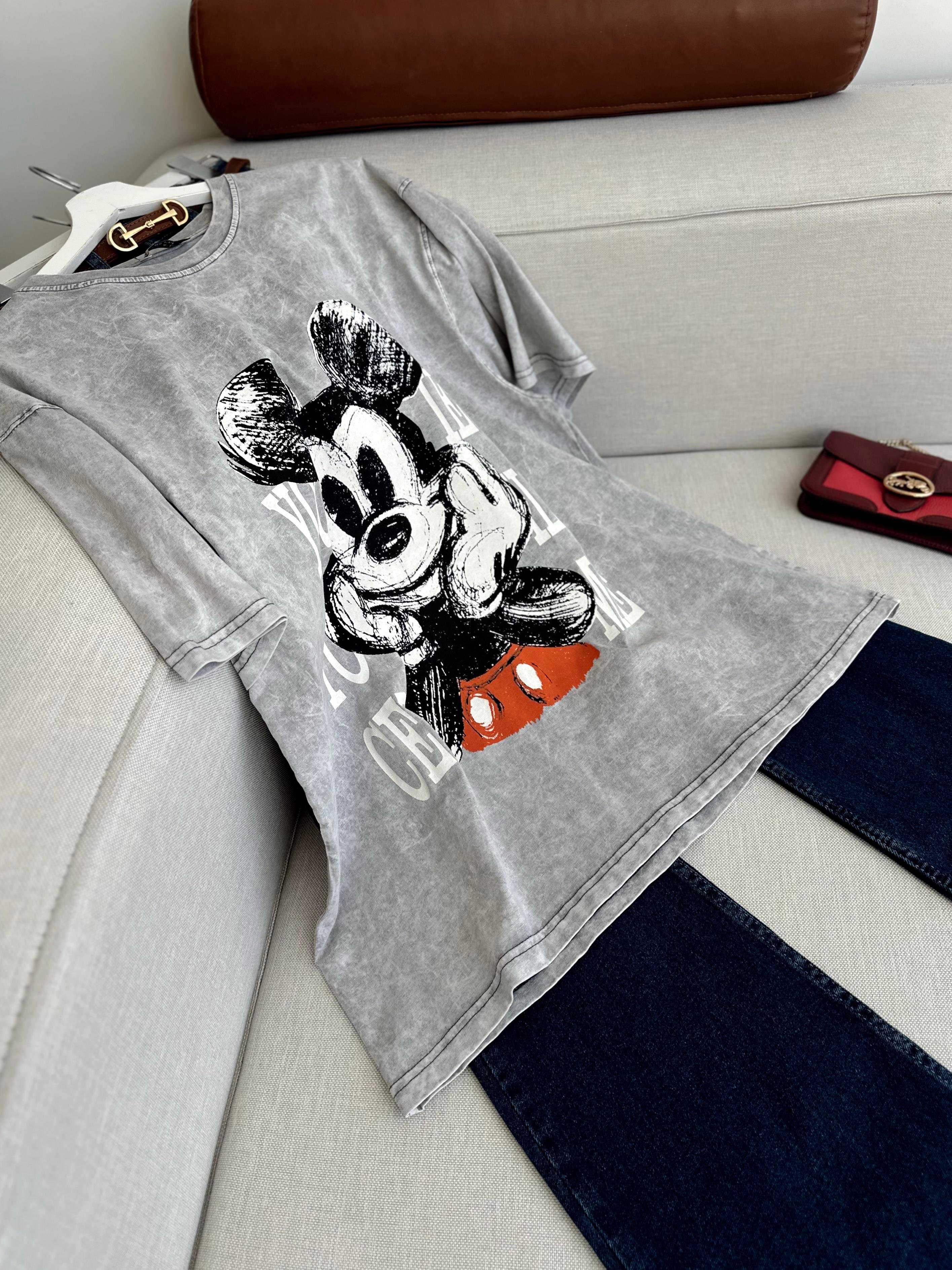 Taş Yıkamalı Mickey Baskılı Unisex Tişört