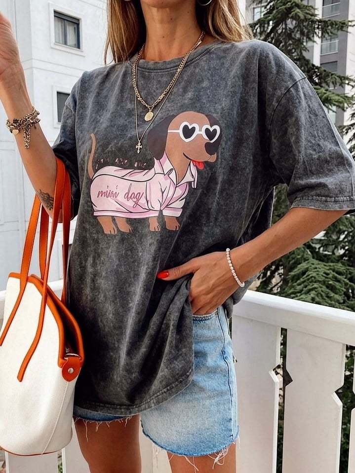 Taş Yıkamalı Mini Dog Baskılı Oversize Tişört Antrasit