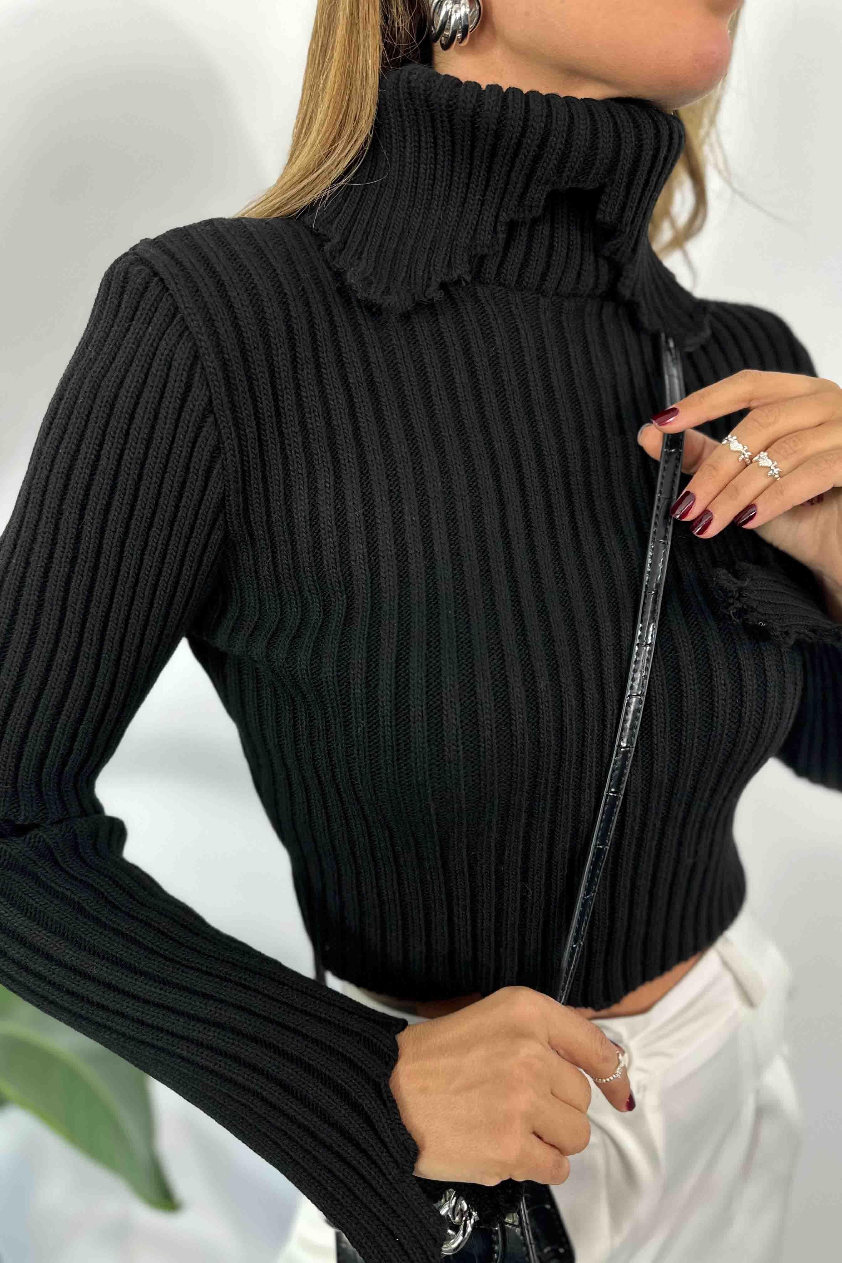 Tasarım Balıkçı Yaka Kalın Fitilli Örme Kazak Siyah