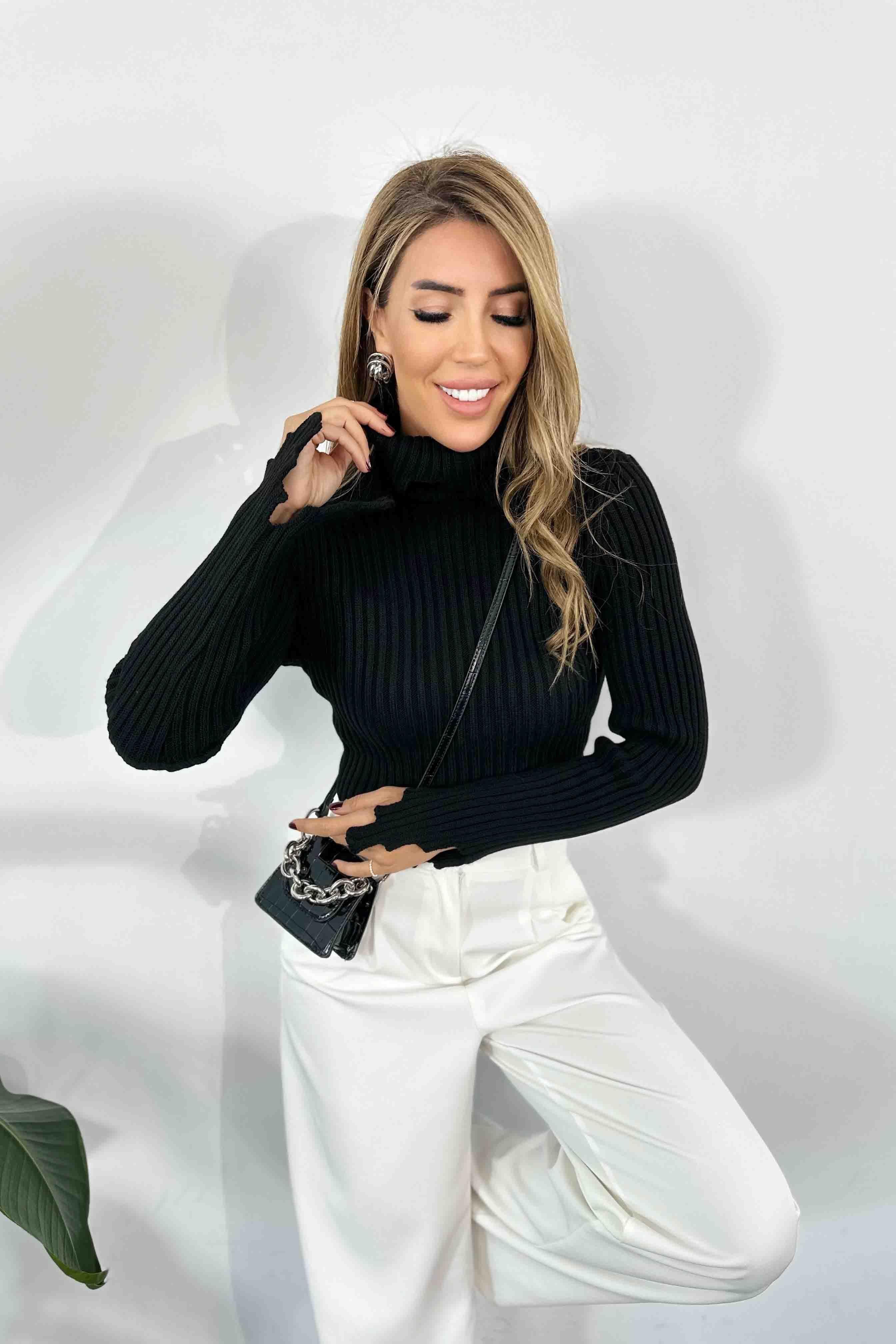 Tasarım Balıkçı Yaka Kalın Fitilli Örme Kazak Siyah