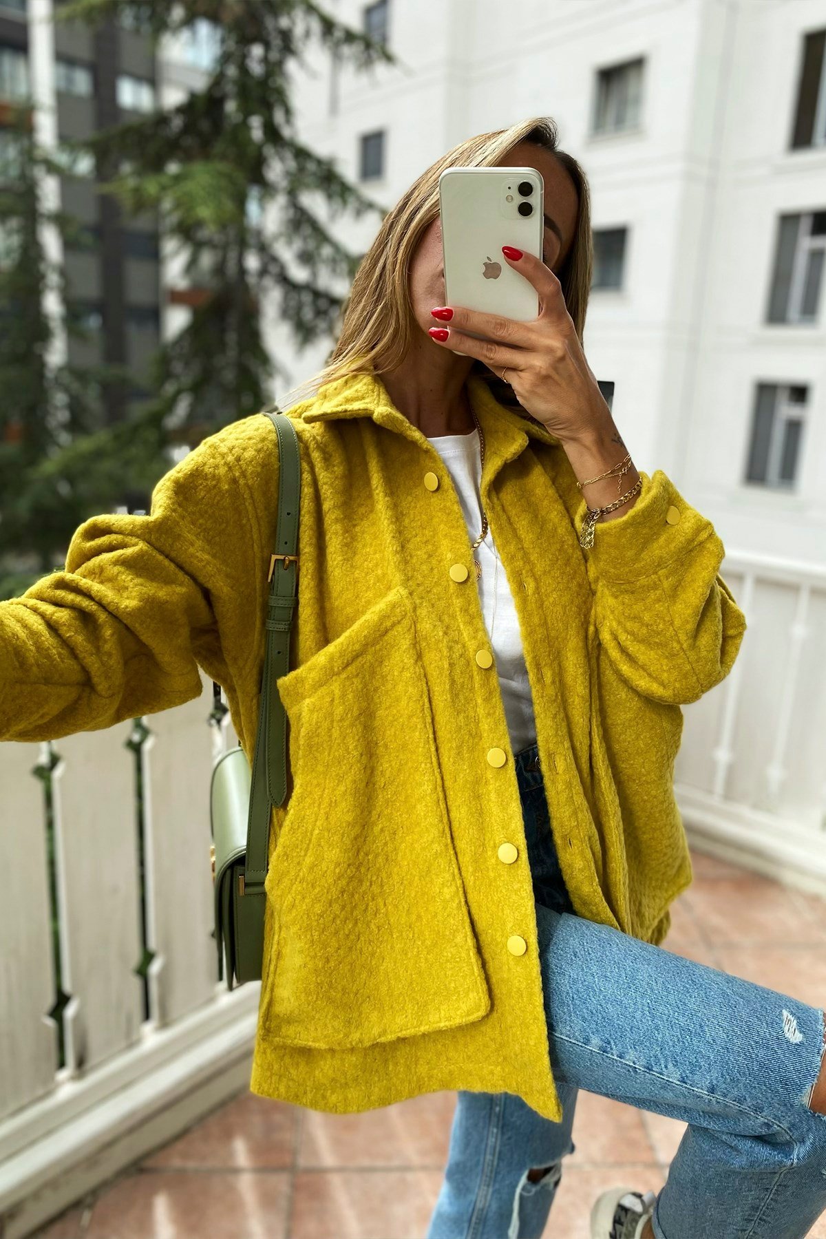 Tasarım Cepli Önden Düğmeli Kadın Ceket Hardal