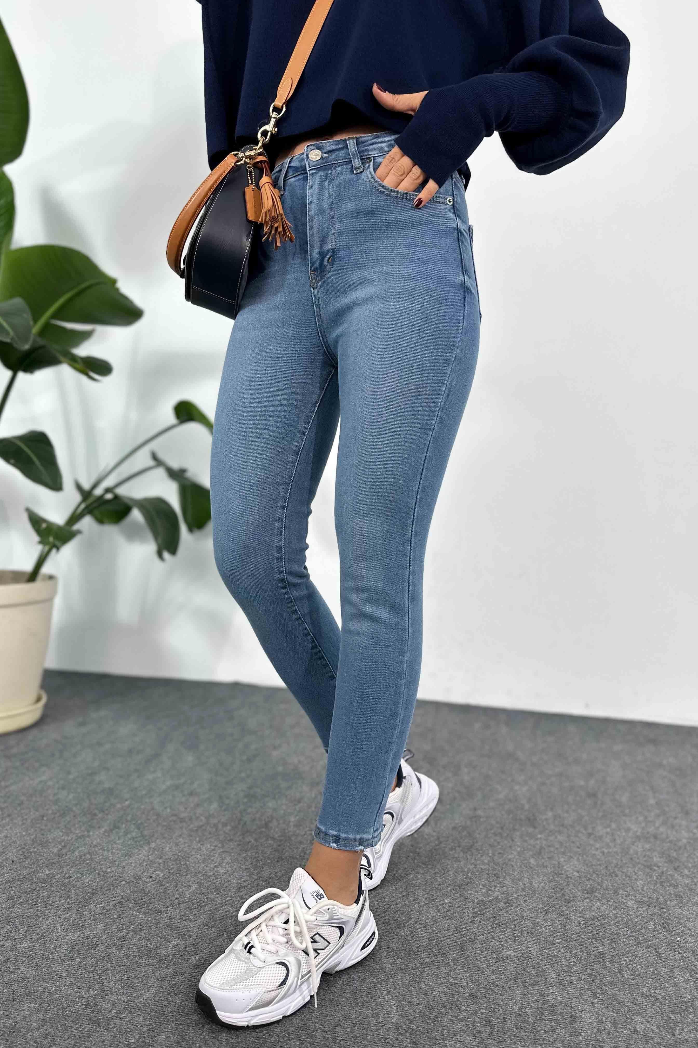 Taşlama Detay Yüksek Bel Skinny Jean Mavi
