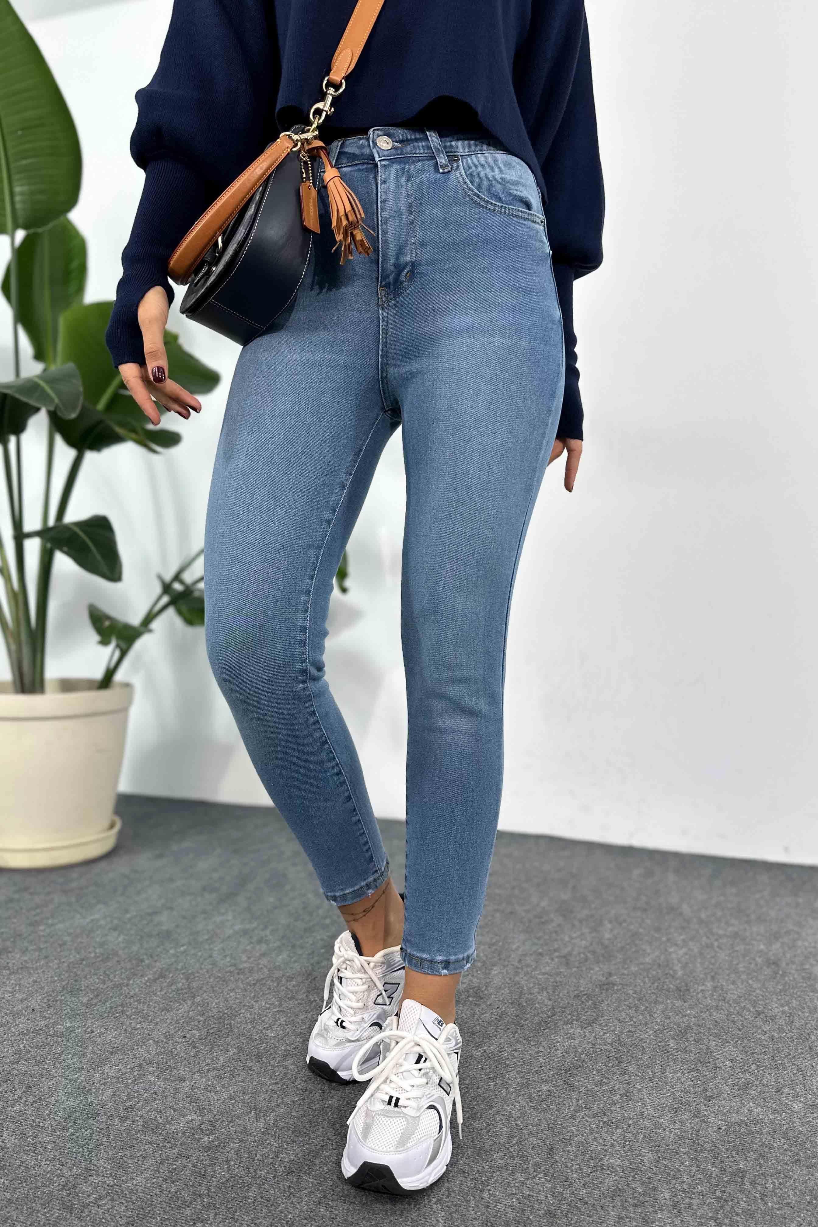 Taşlama Detay Yüksek Bel Skinny Jean Mavi
