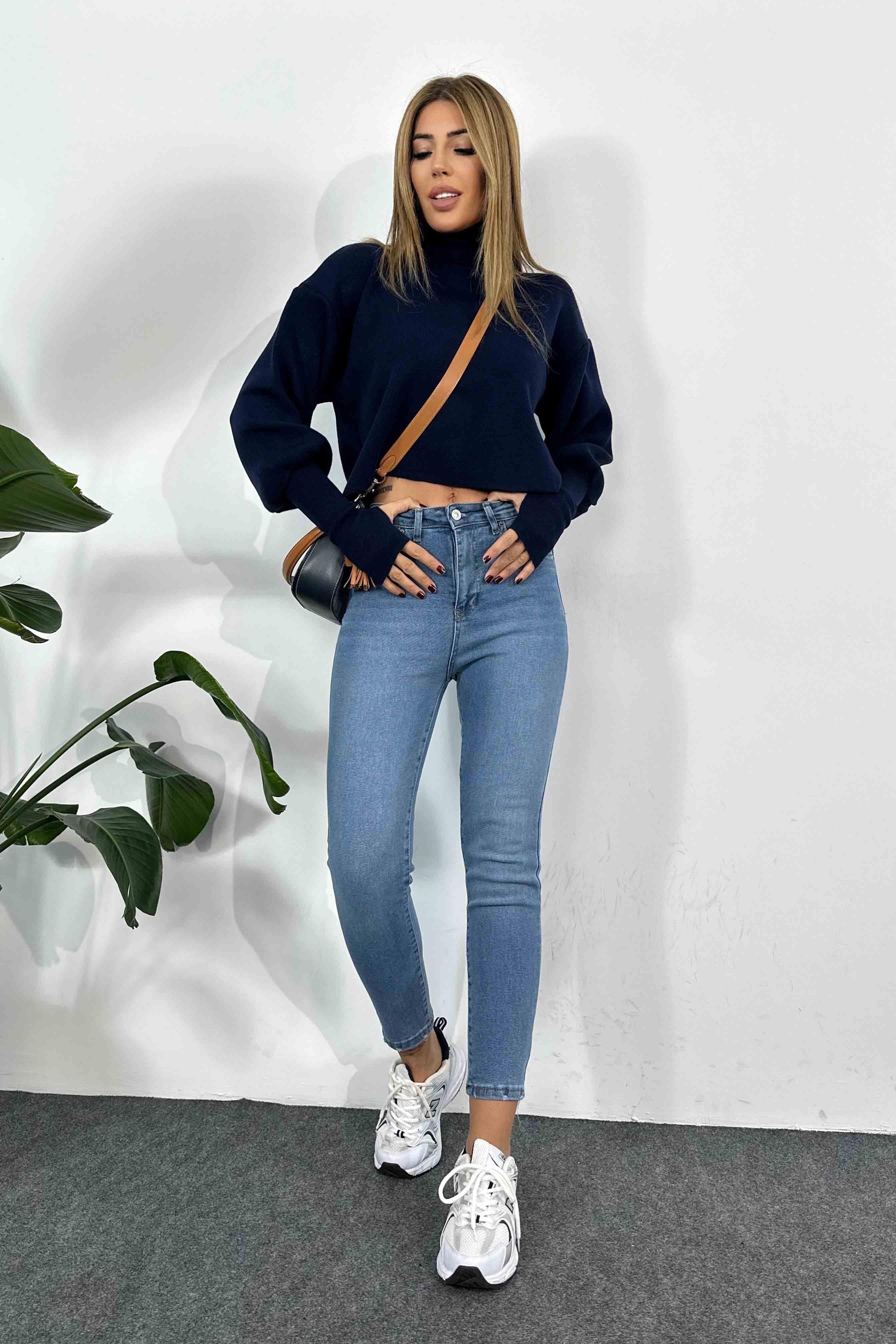 Taşlama Detay Yüksek Bel Skinny Jean Mavi