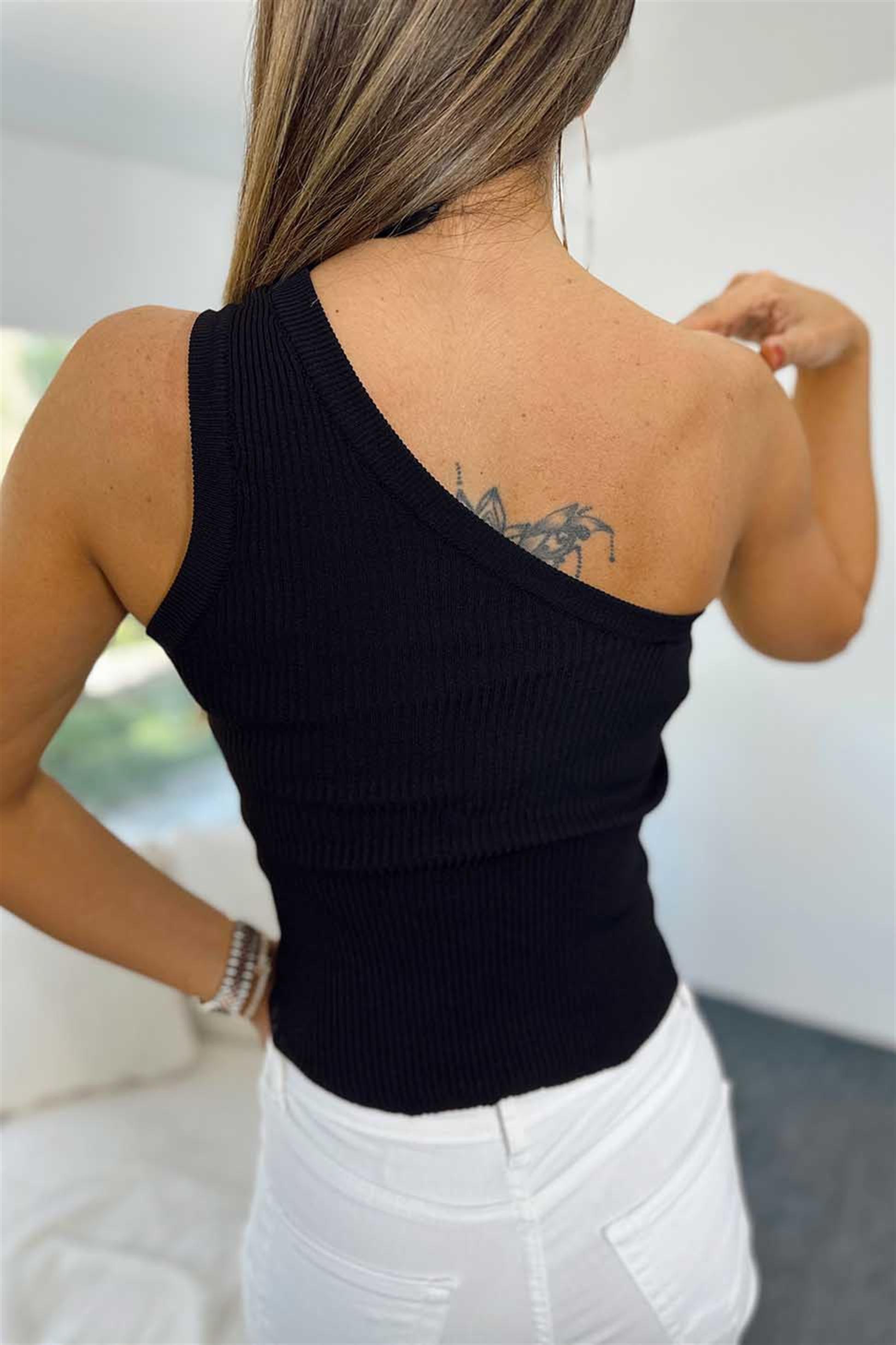 Tek Askılı Triko Bluz Siyah