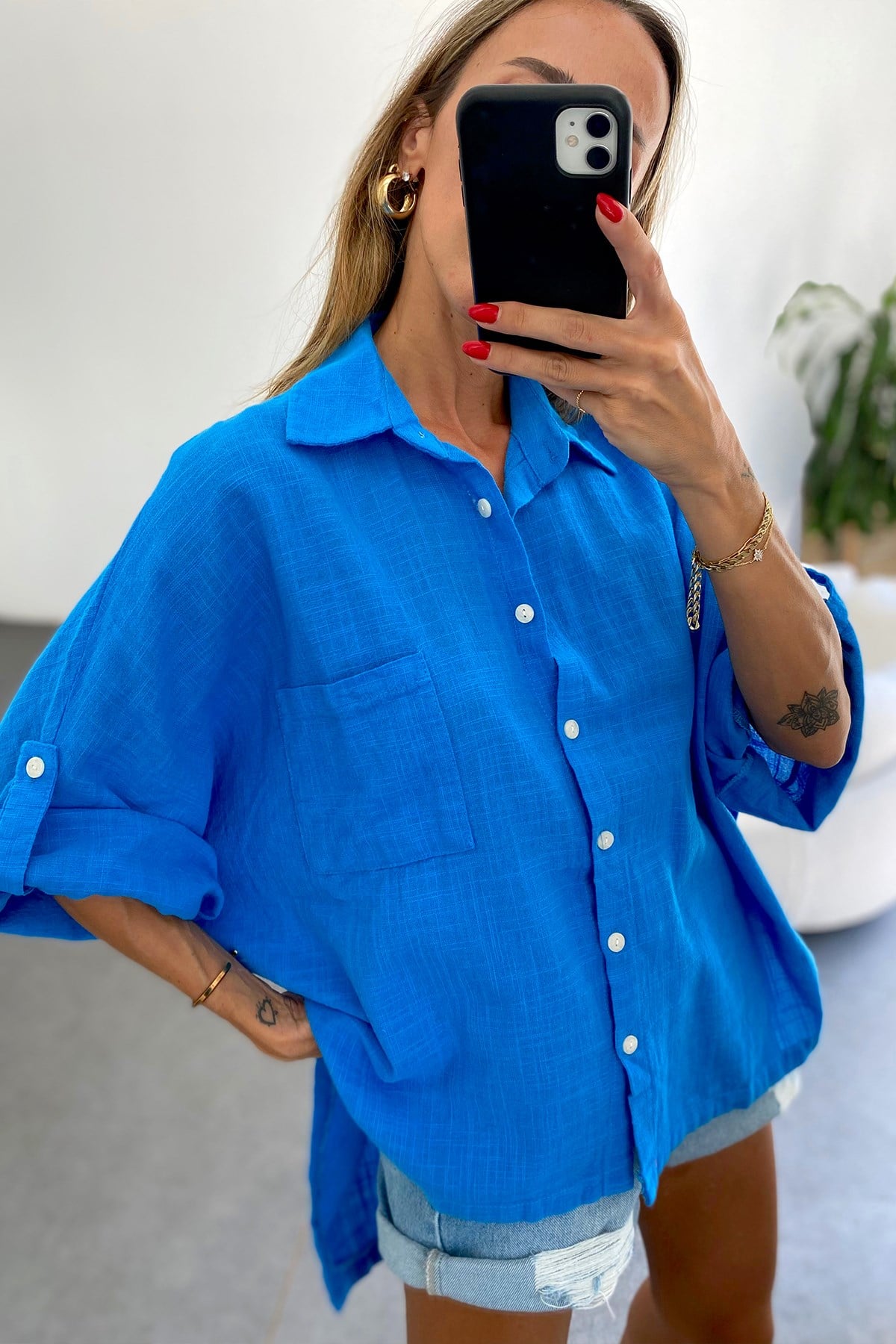 Tek Cepli Oversize Keten Gömlek Saks Mavi