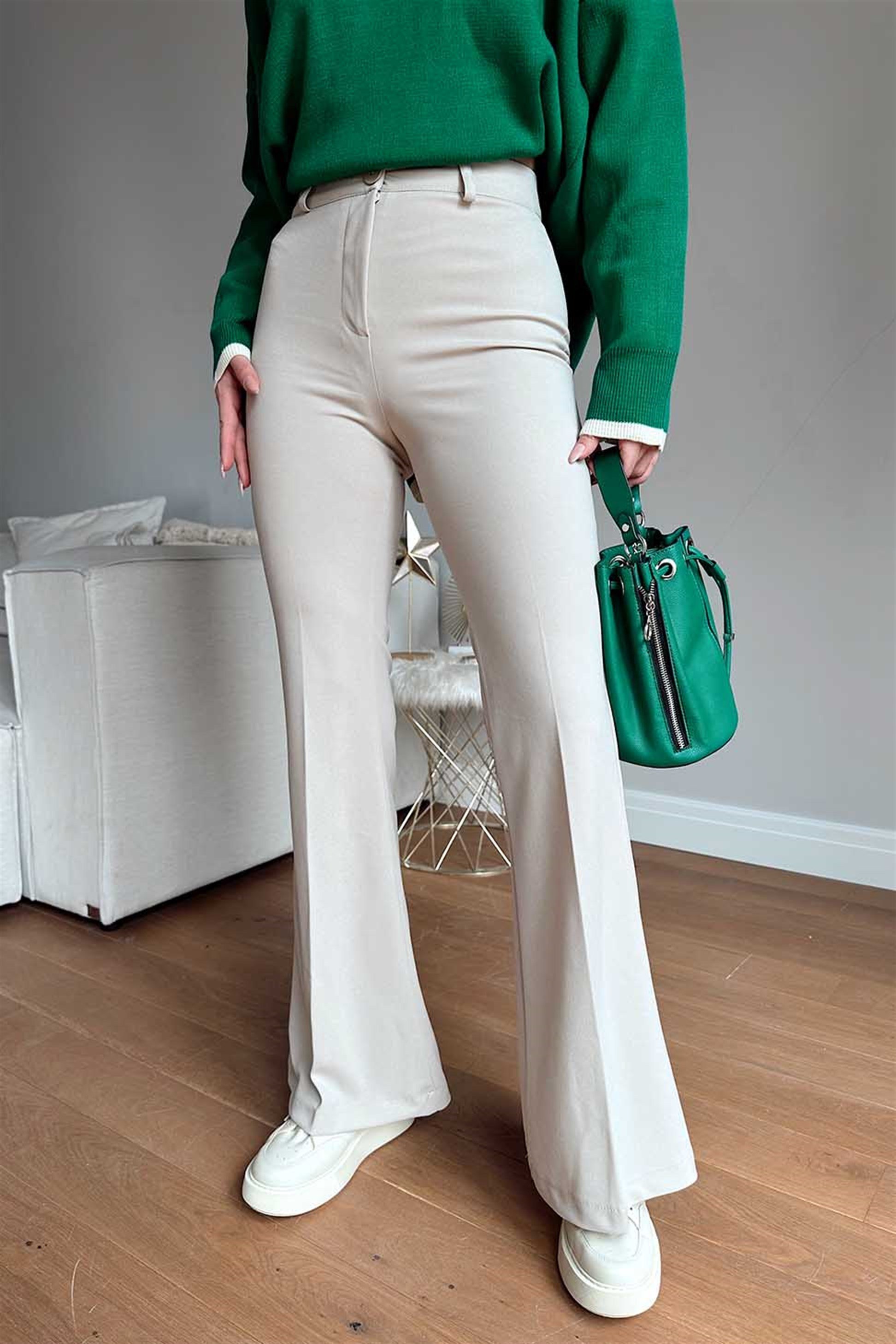 Tek Düğmeli İspanyol Paça Pantolon Taş