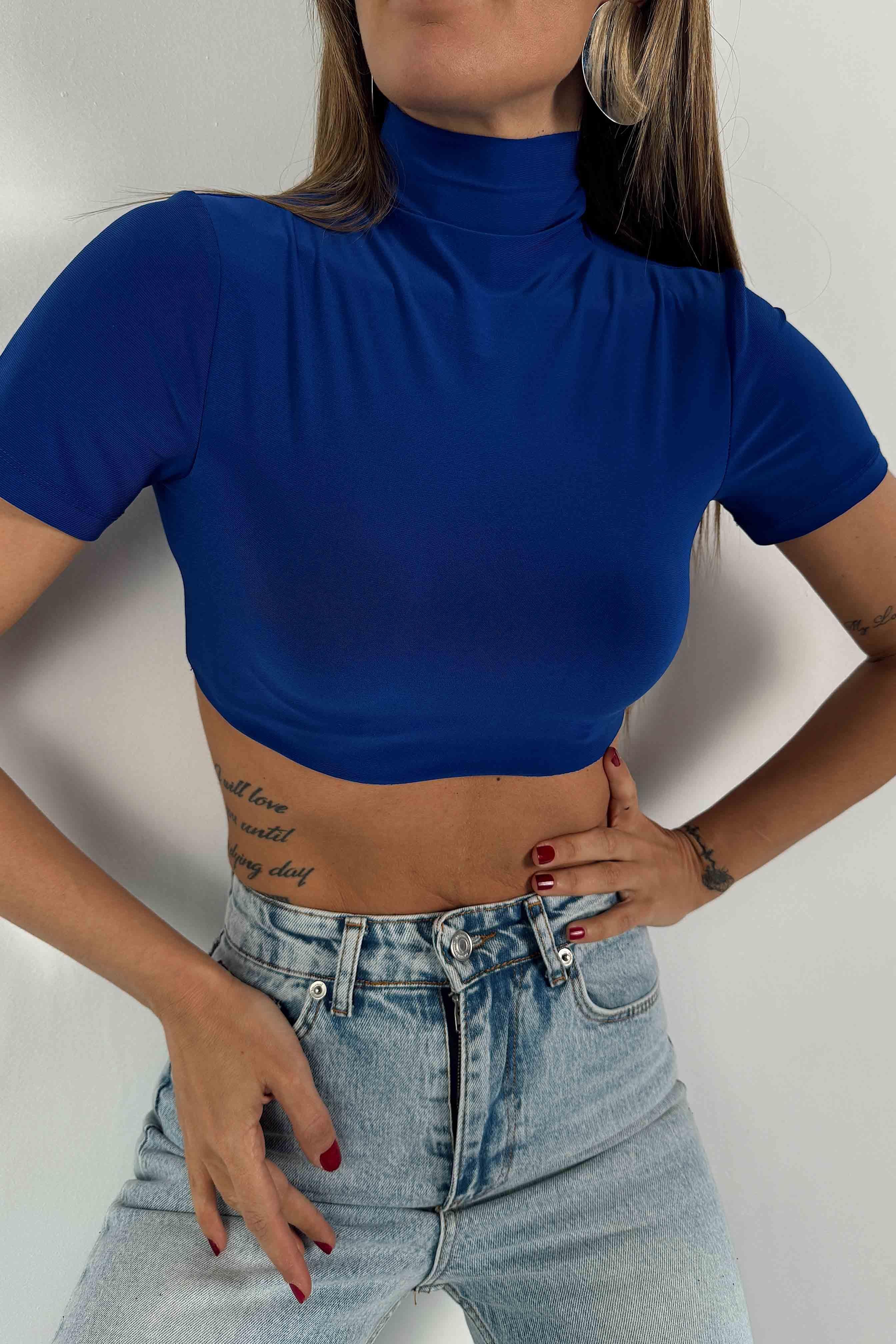 Tek Omuz Büzgülü Crop Saks Mavisi