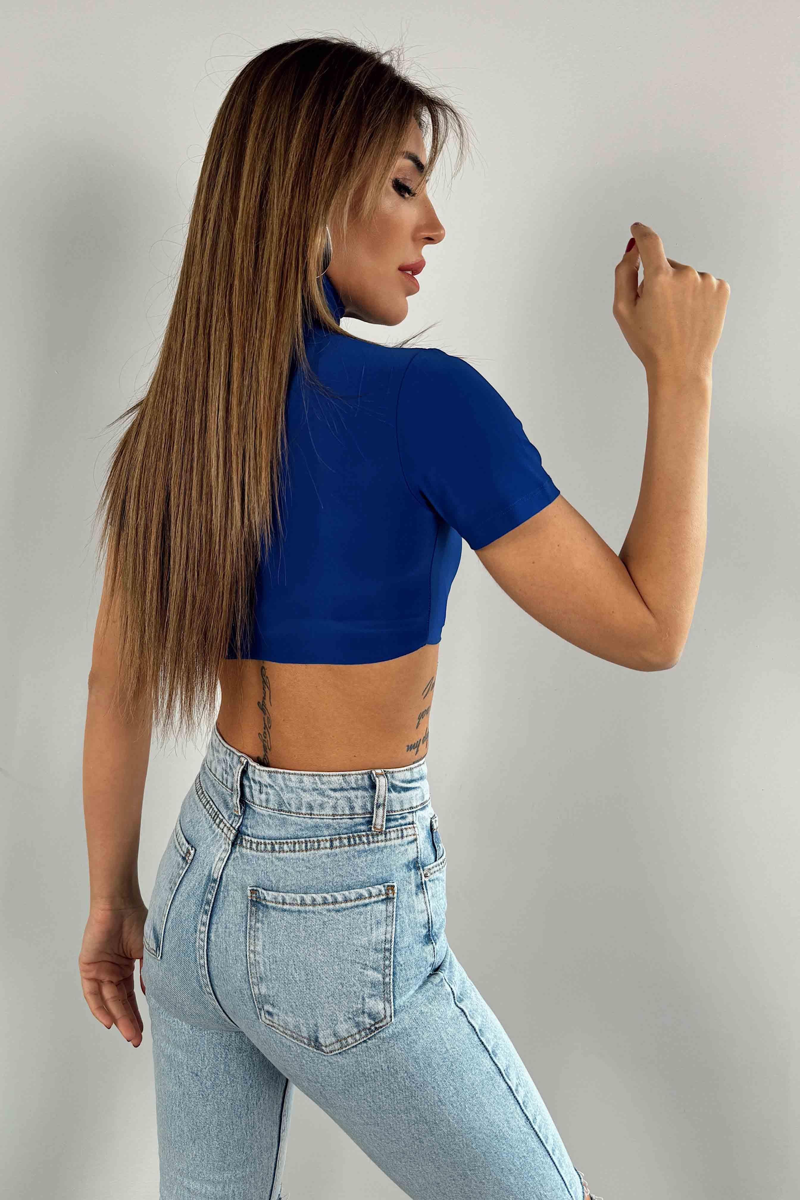 Tek Omuz Büzgülü Crop Saks Mavisi