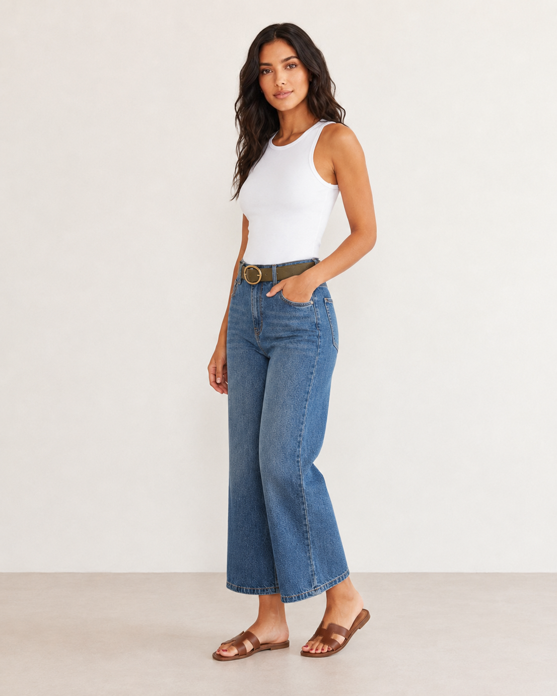 Tensel Karışımlı Kemerli Culotte Jean MAVİ