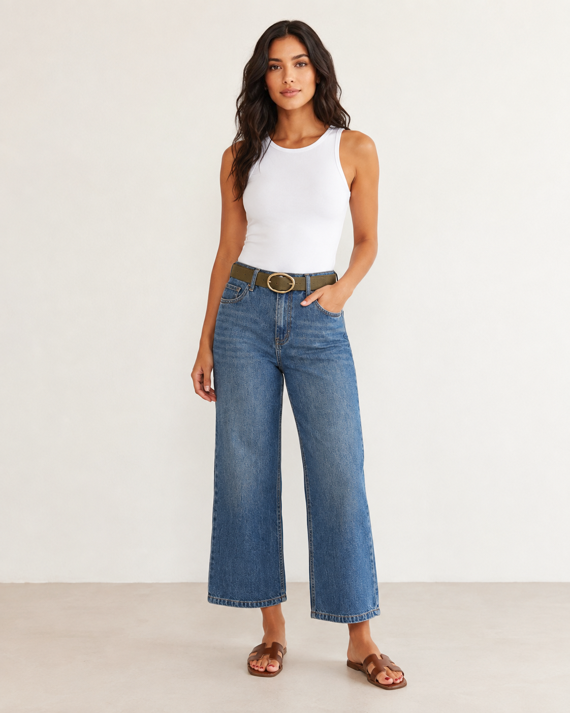 Tensel Karışımlı Kemerli Culotte Jean MAVİ