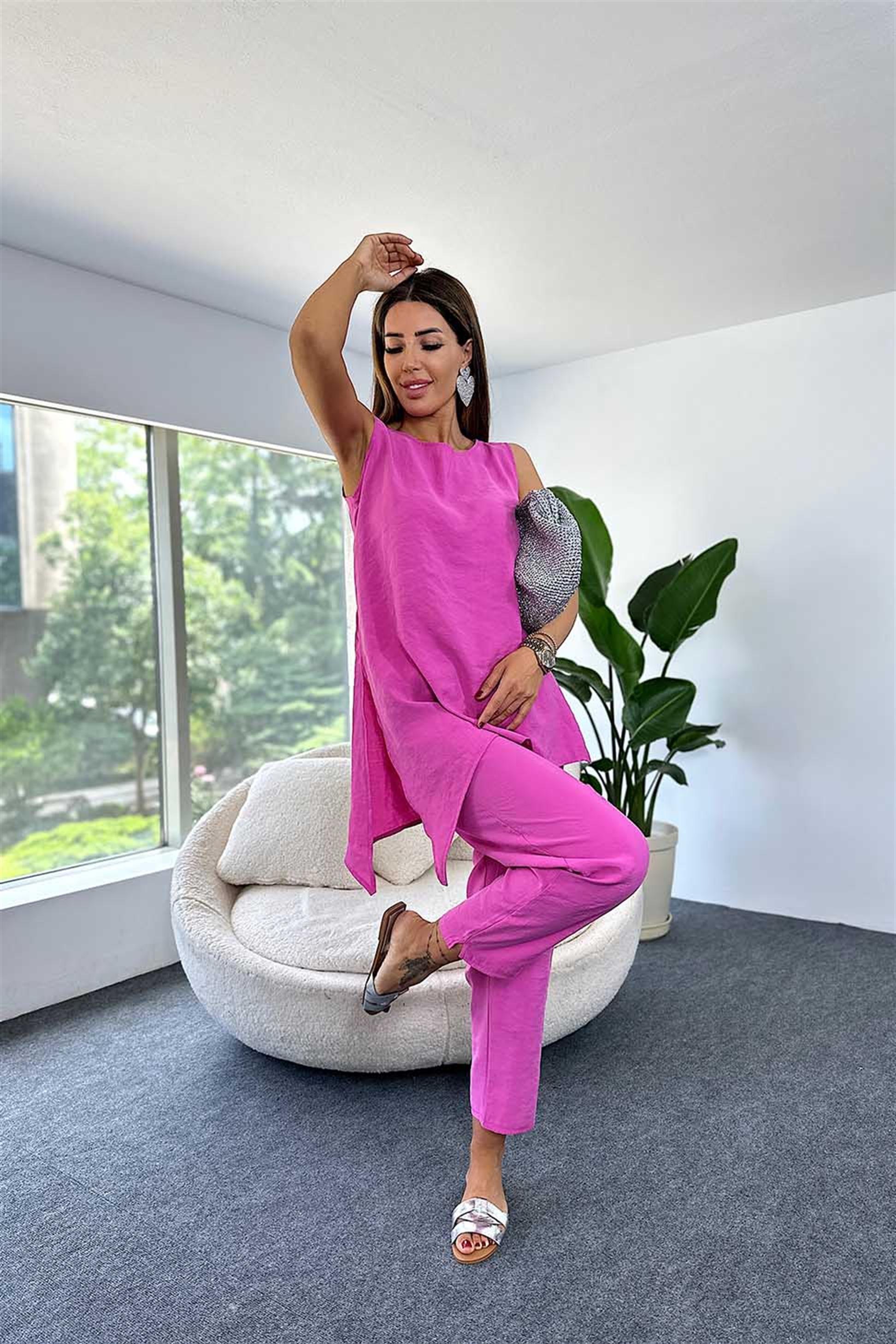 Tensel Kumaş Geniş Yaka Bluz Beli Lastikli Pantolon İkili Kadın Takım Pembe