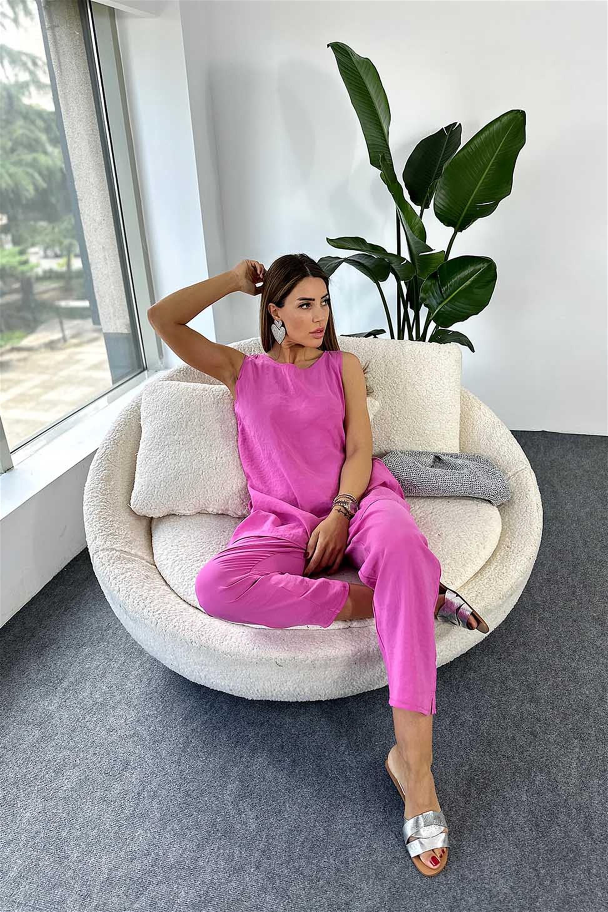 Tensel Kumaş Geniş Yaka Bluz Beli Lastikli Pantolon İkili Kadın Takım Pembe