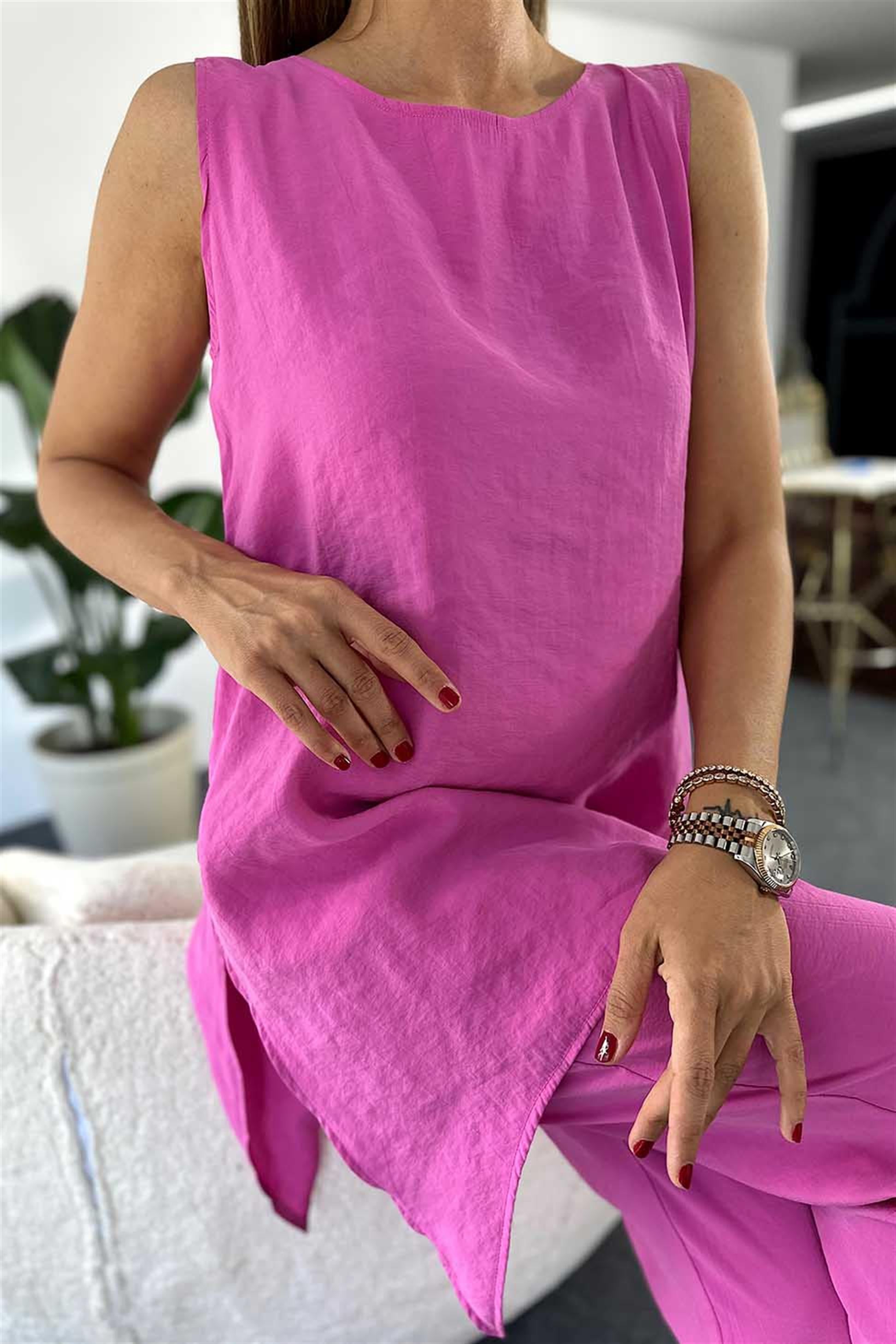 Tensel Kumaş Geniş Yaka Bluz Beli Lastikli Pantolon İkili Kadın Takım Pembe