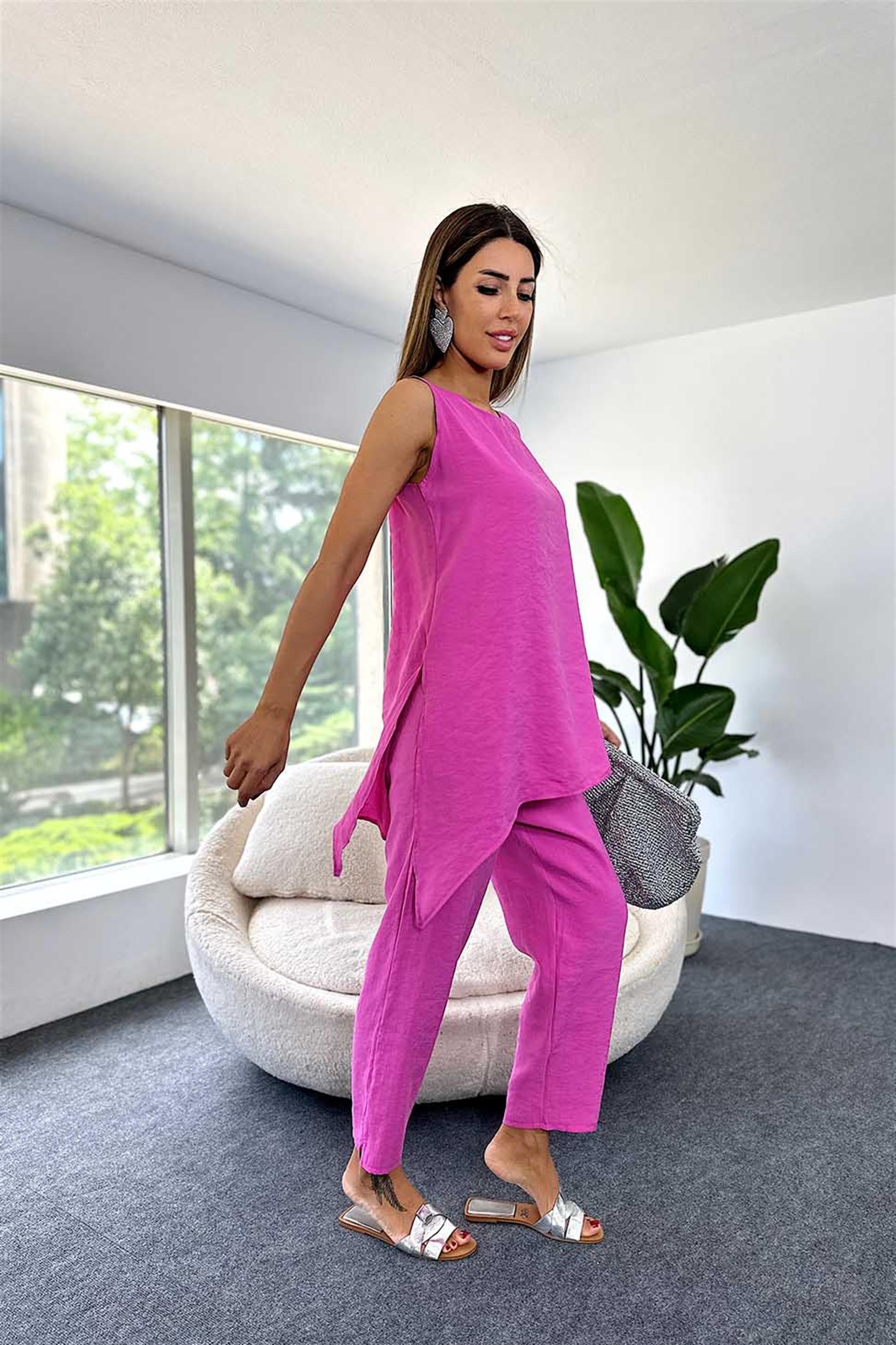 Tensel Kumaş Geniş Yaka Bluz Beli Lastikli Pantolon İkili Kadın Takım Pembe