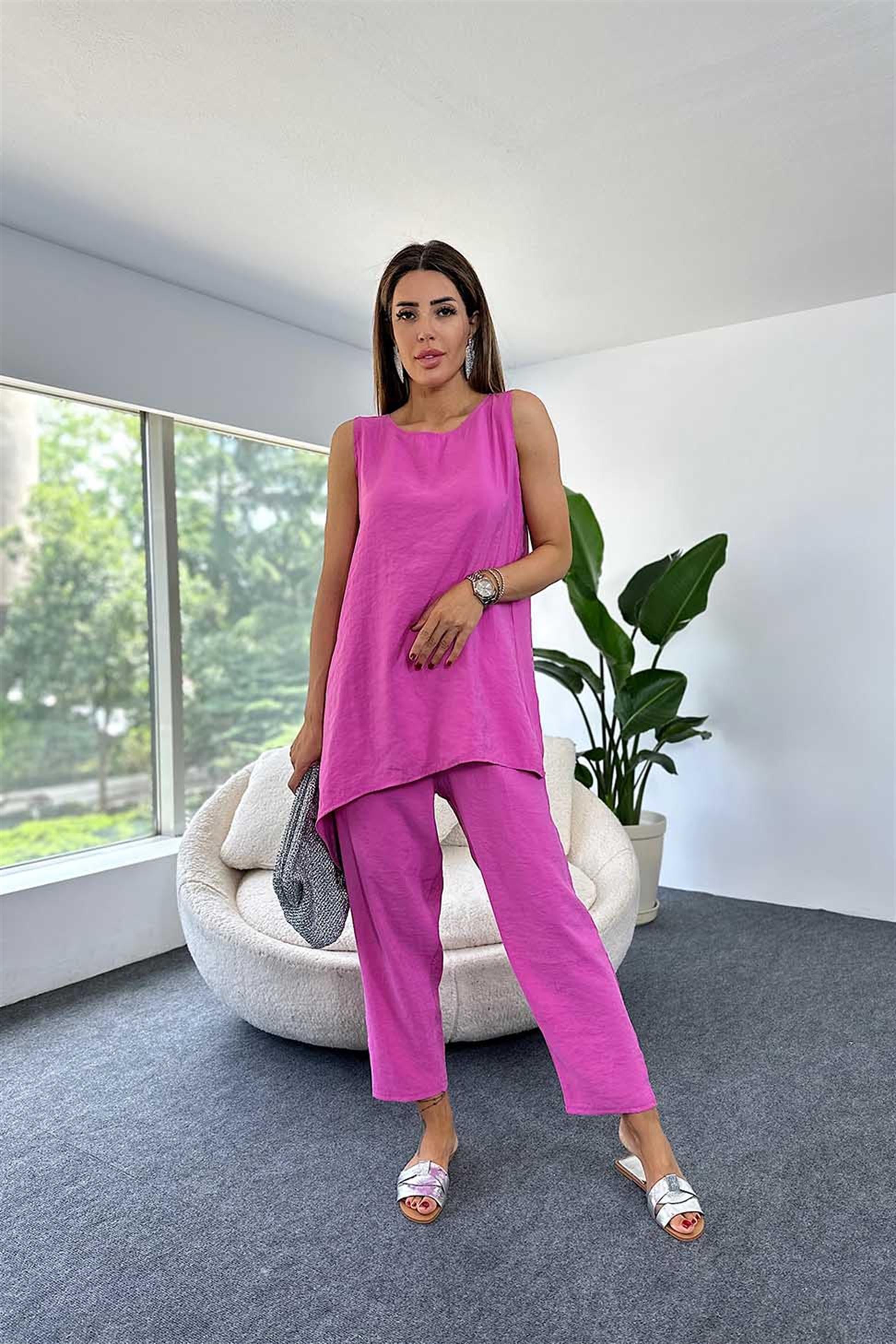 Tensel Kumaş Geniş Yaka Bluz Beli Lastikli Pantolon İkili Kadın Takım Pembe