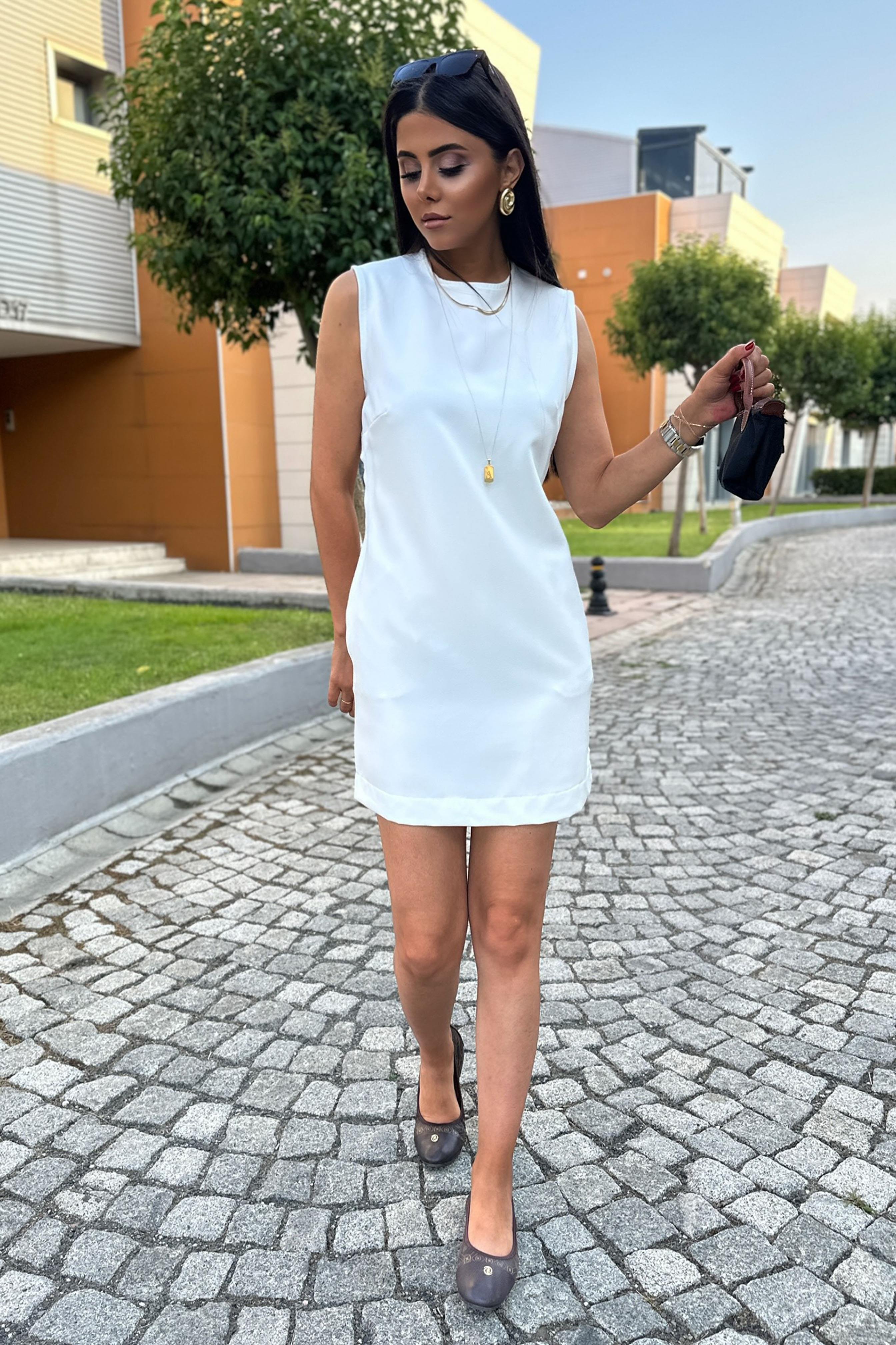 Ters Dikiş Detay Basic Mini Elbise Beyaz