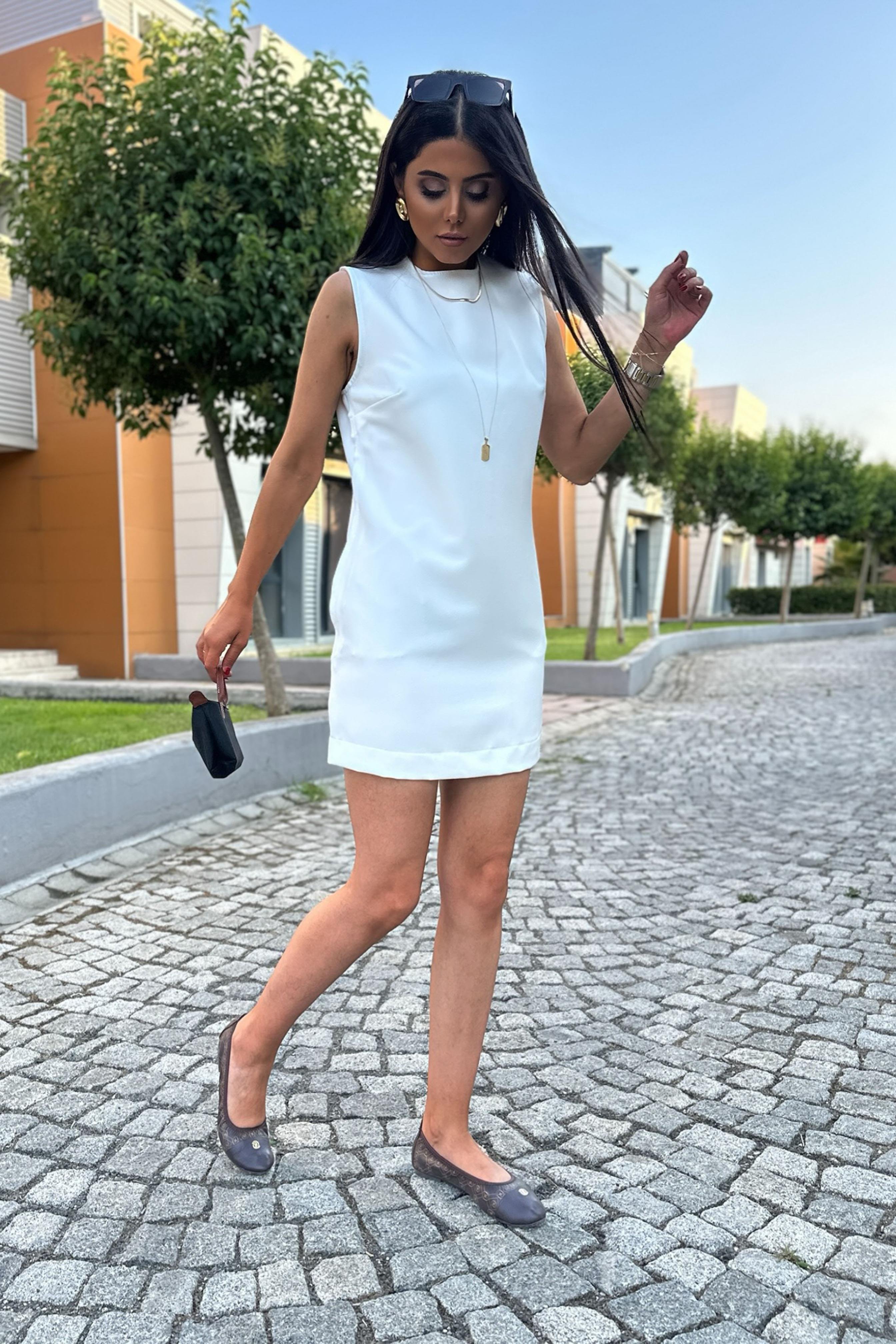 Ters Dikiş Detay Basic Mini Elbise Beyaz