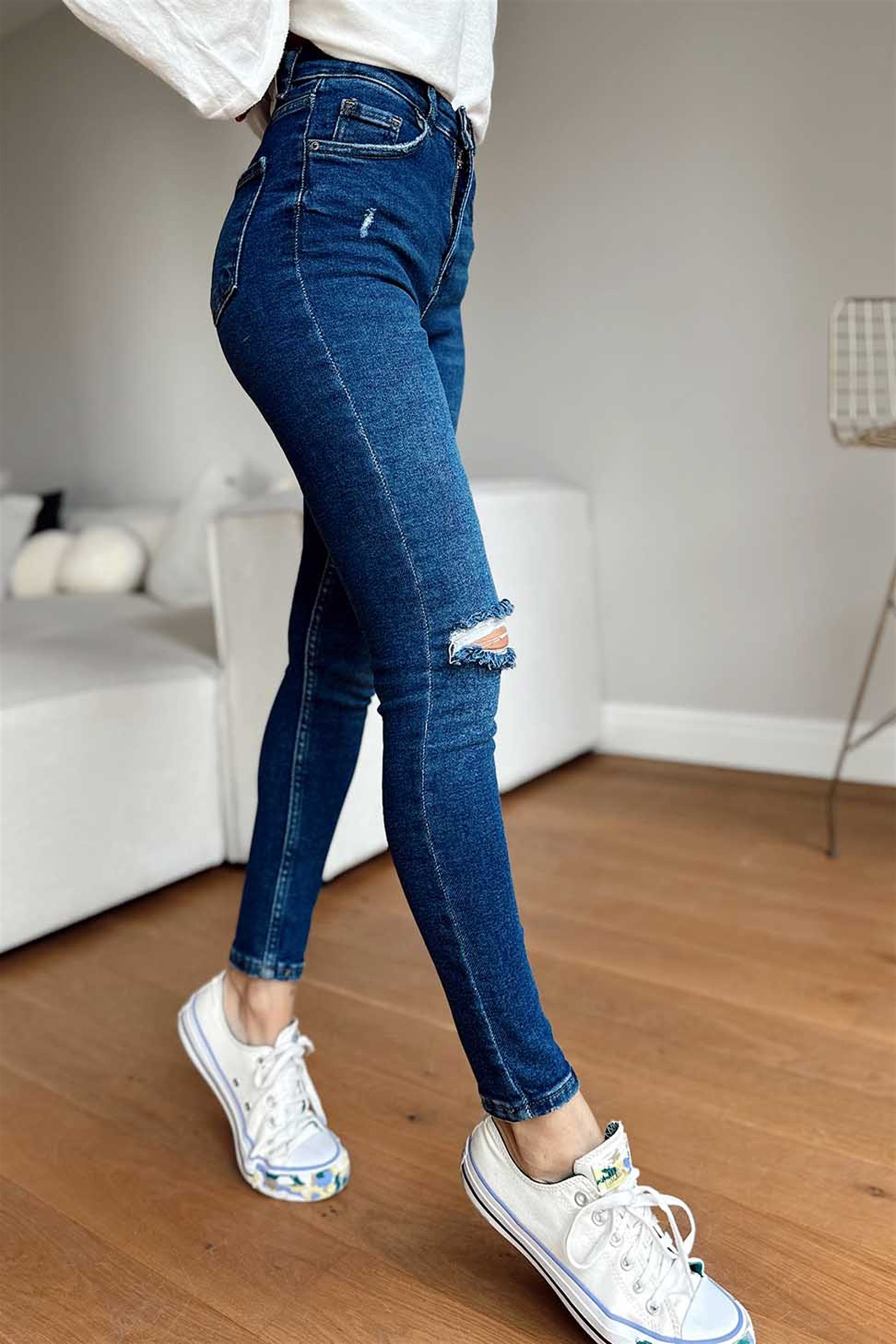 Top Secret Dizleri Yırtık Skinny Likralı Kadın Jean Koyu Mavi