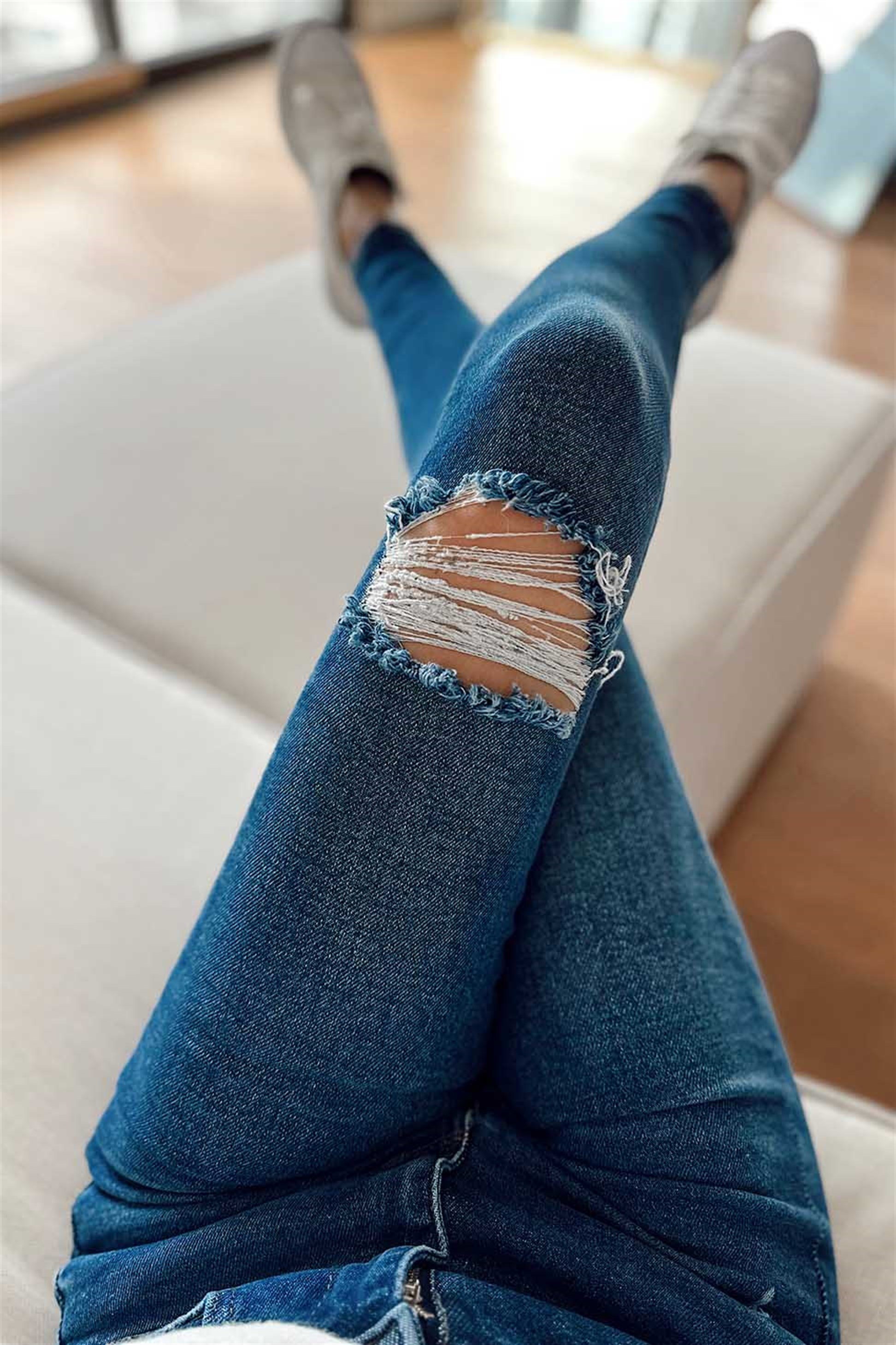 Top Secret Dizleri Yırtık Skinny Likralı Kadın Jean Koyu Mavi
