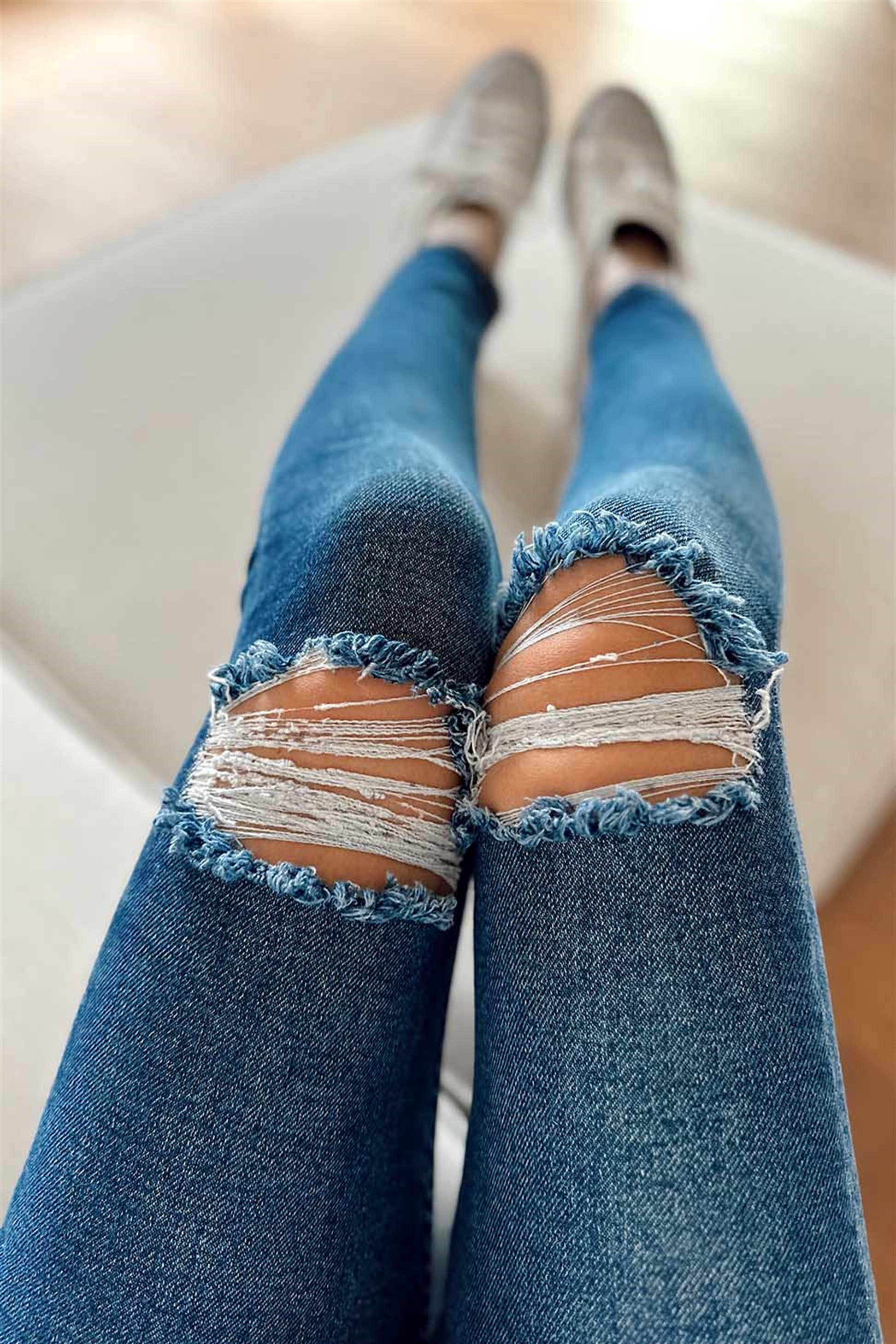 Top Secret Dizleri Yırtık Skinny Likralı Kadın Jean Koyu Mavi