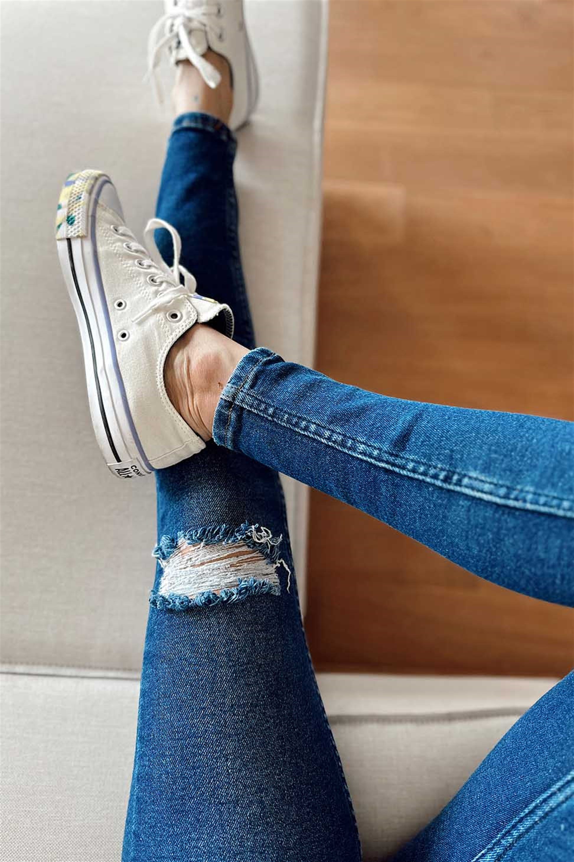 Top Secret Dizleri Yırtık Skinny Likralı Kadın Jean Koyu Mavi