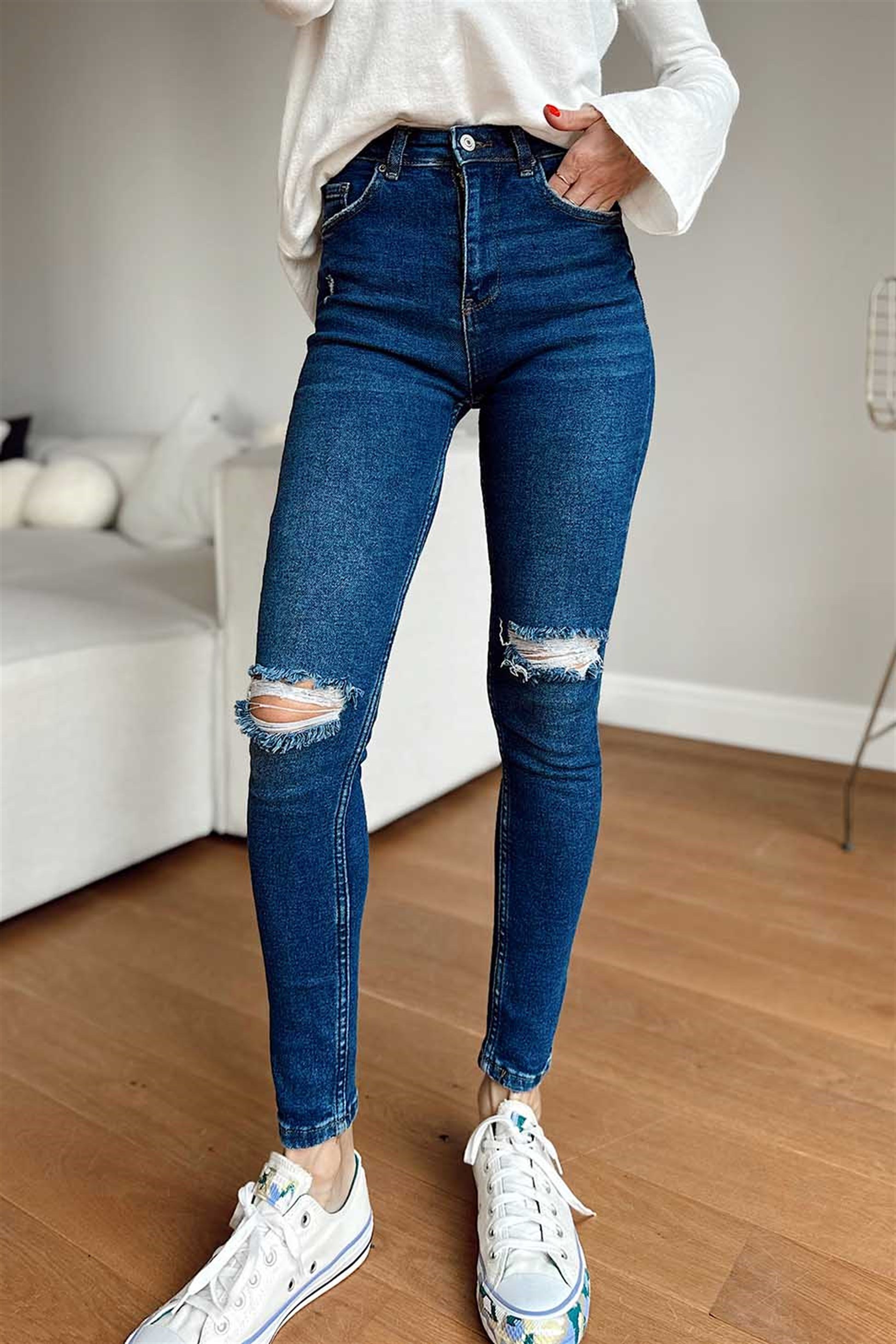 Top Secret Dizleri Yırtık Skinny Likralı Kadın Jean Koyu Mavi