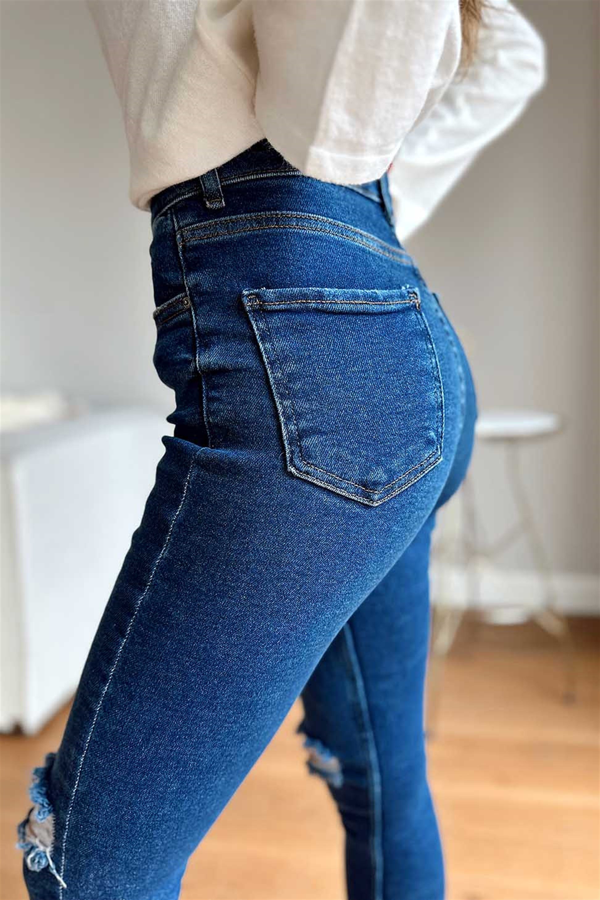 Top Secret Dizleri Yırtık Skinny Likralı Kadın Jean Koyu Mavi