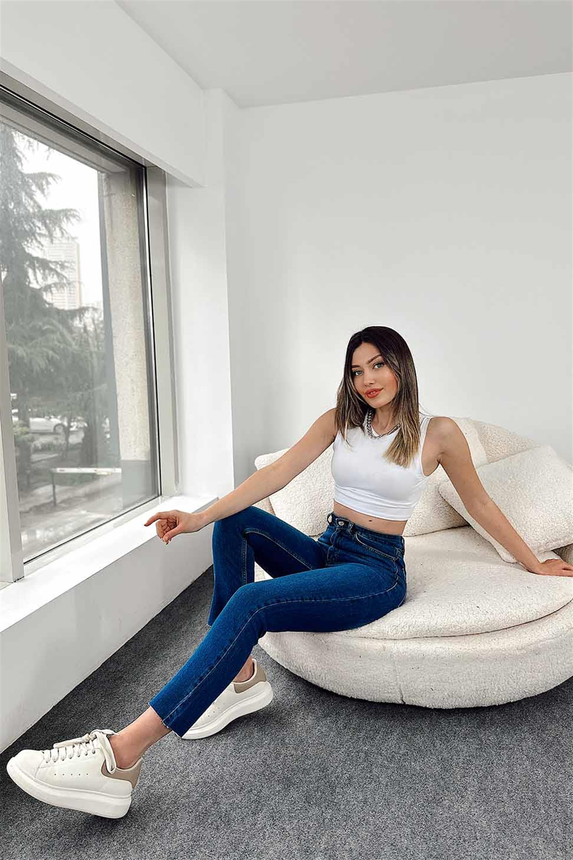 TOPSHOP Paçası Kesik Detay Boyfit Jean Pantolon Mavi