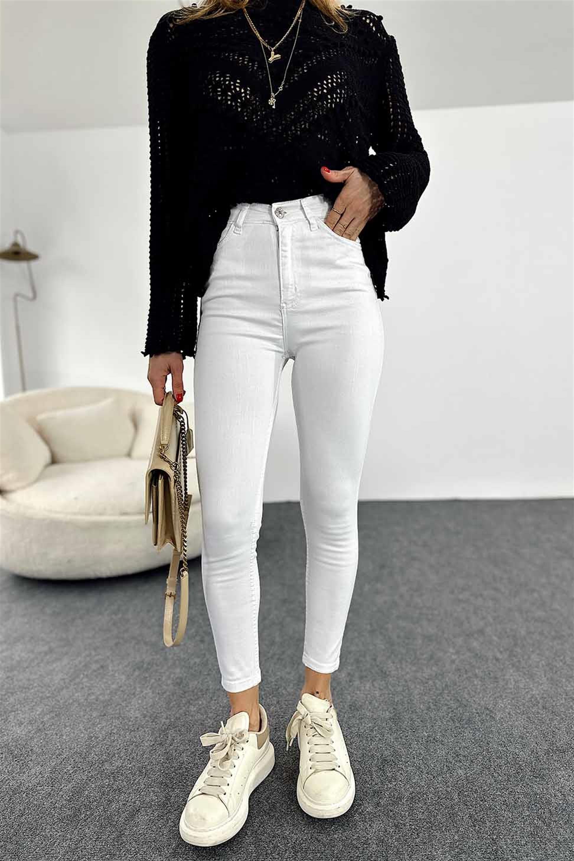 Topshop Ultra Yüksek Bel Dar Likralı Kadın Jean Pantolon Beyaz