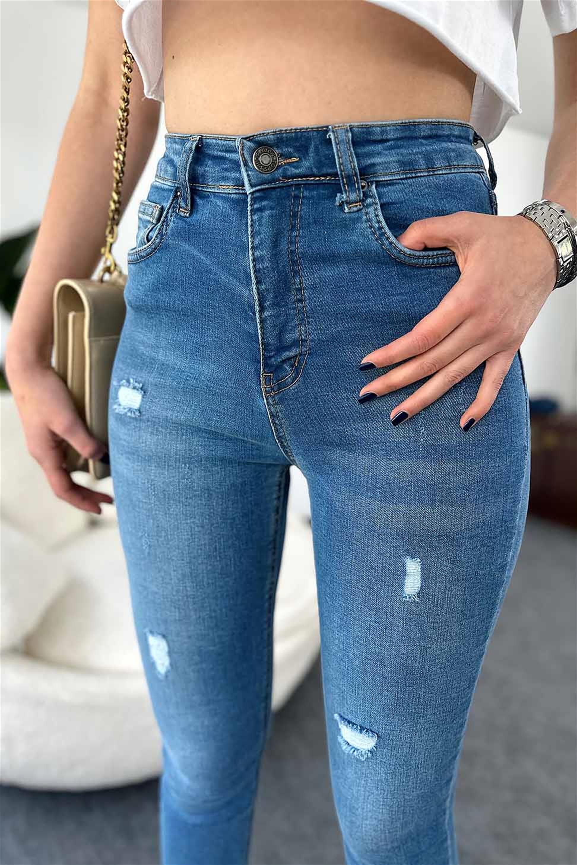 TOPSHOP Ultra Yüksek Bel Likralı Yırtık Skinny Jean Mavi