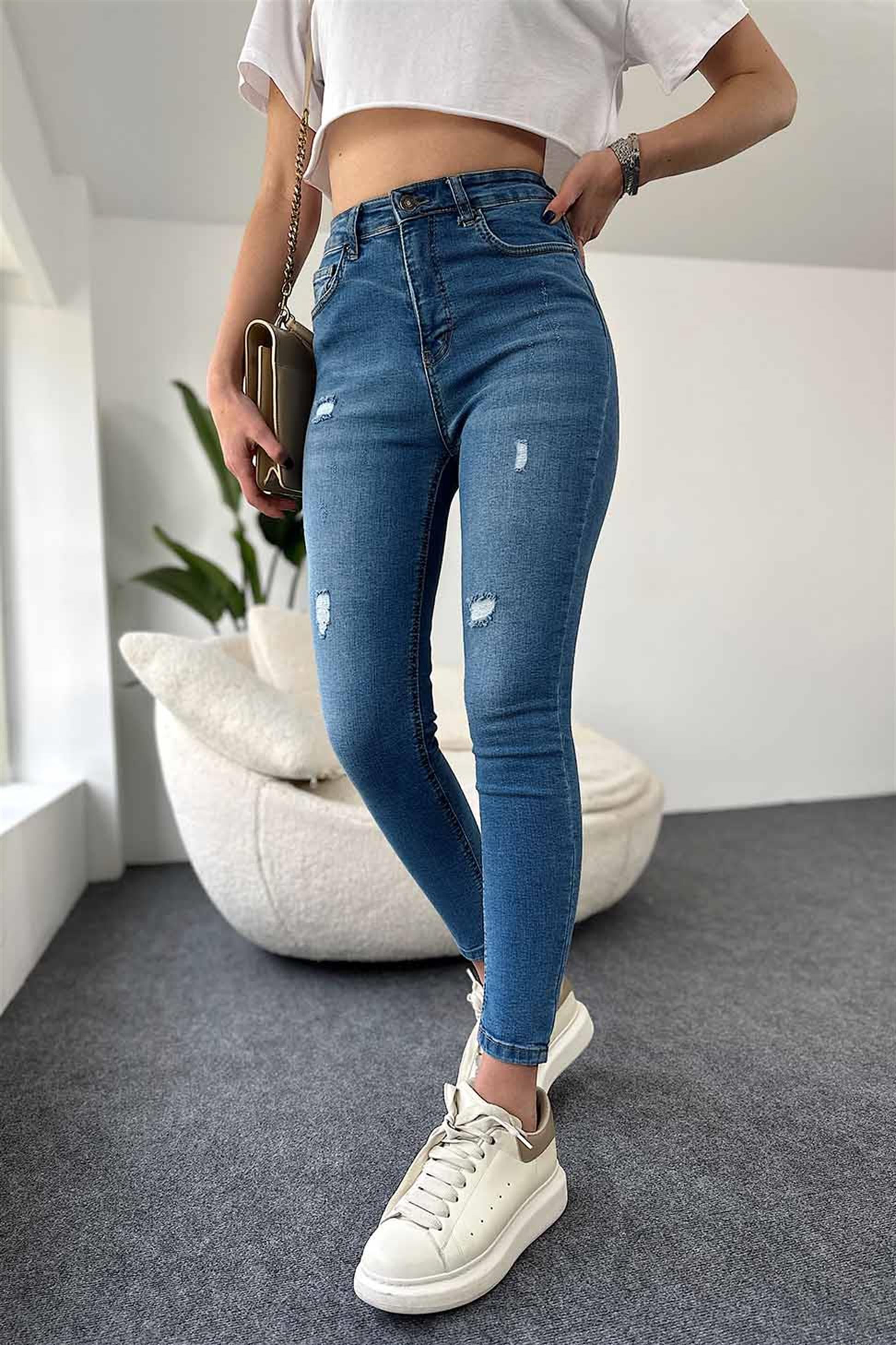 TOPSHOP Ultra Yüksek Bel Likralı Yırtık Skinny Jean Mavi