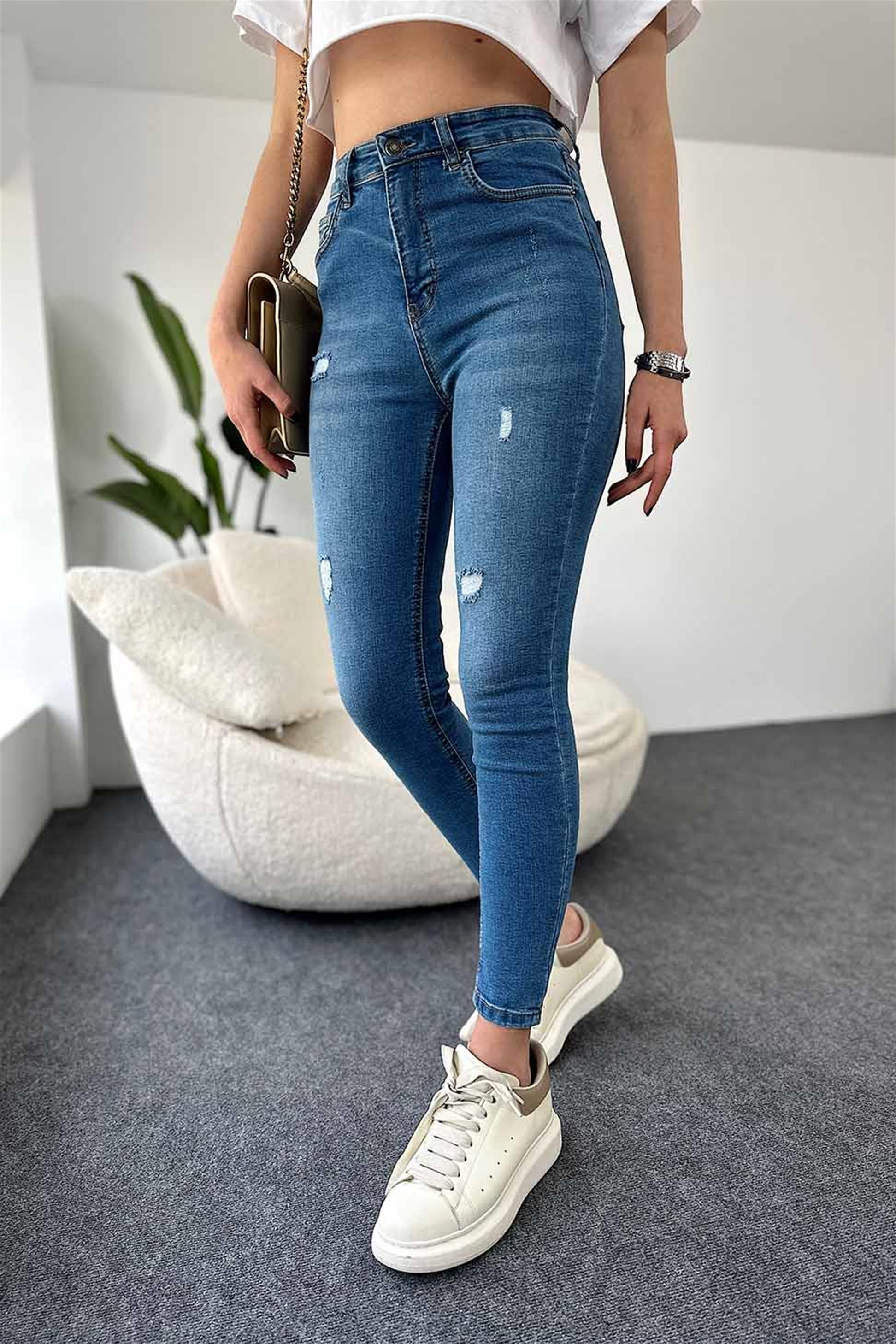 TOPSHOP Ultra Yüksek Bel Likralı Yırtık Skinny Jean Mavi