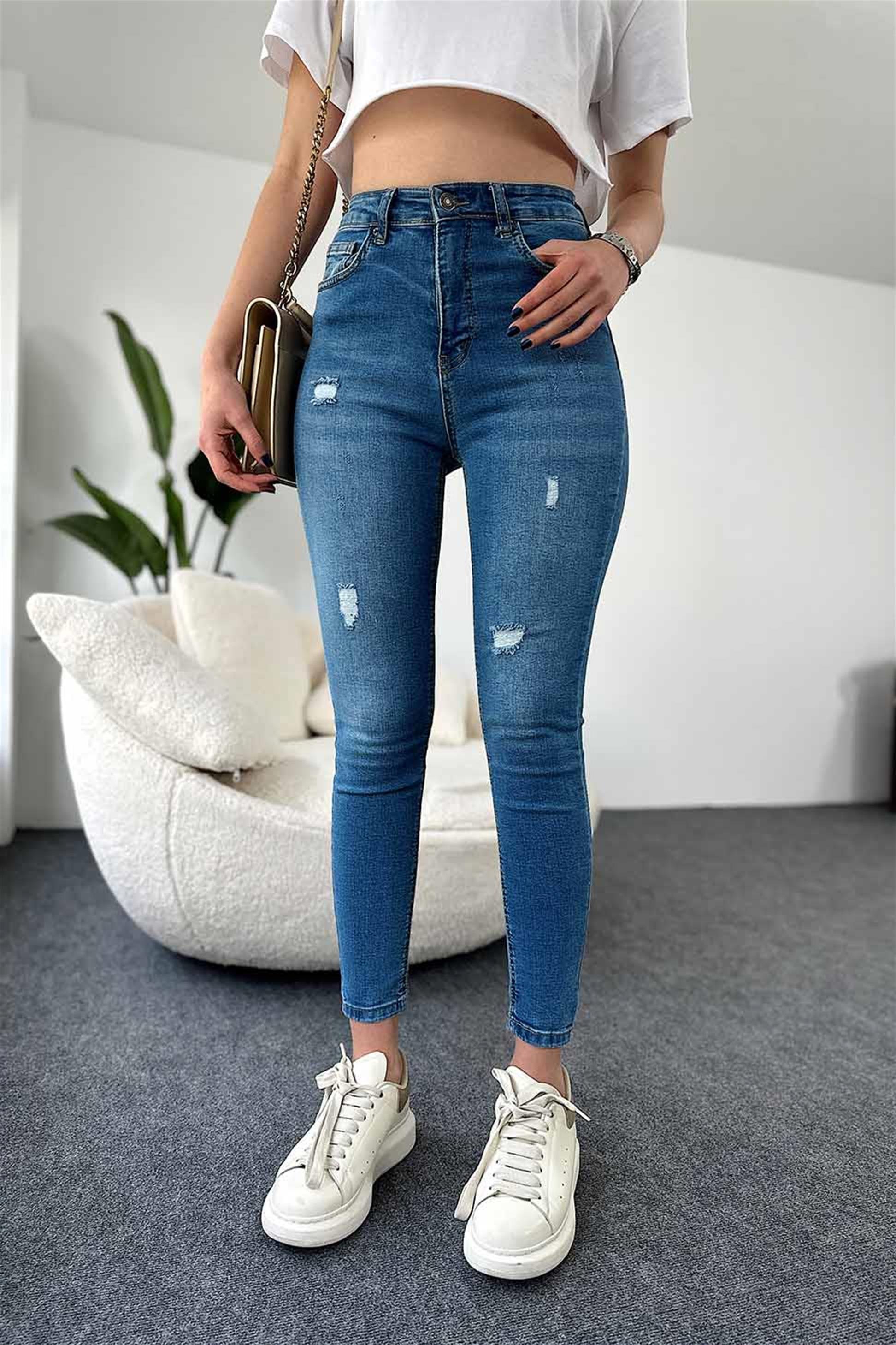 TOPSHOP Ultra Yüksek Bel Likralı Yırtık Skinny Jean Mavi