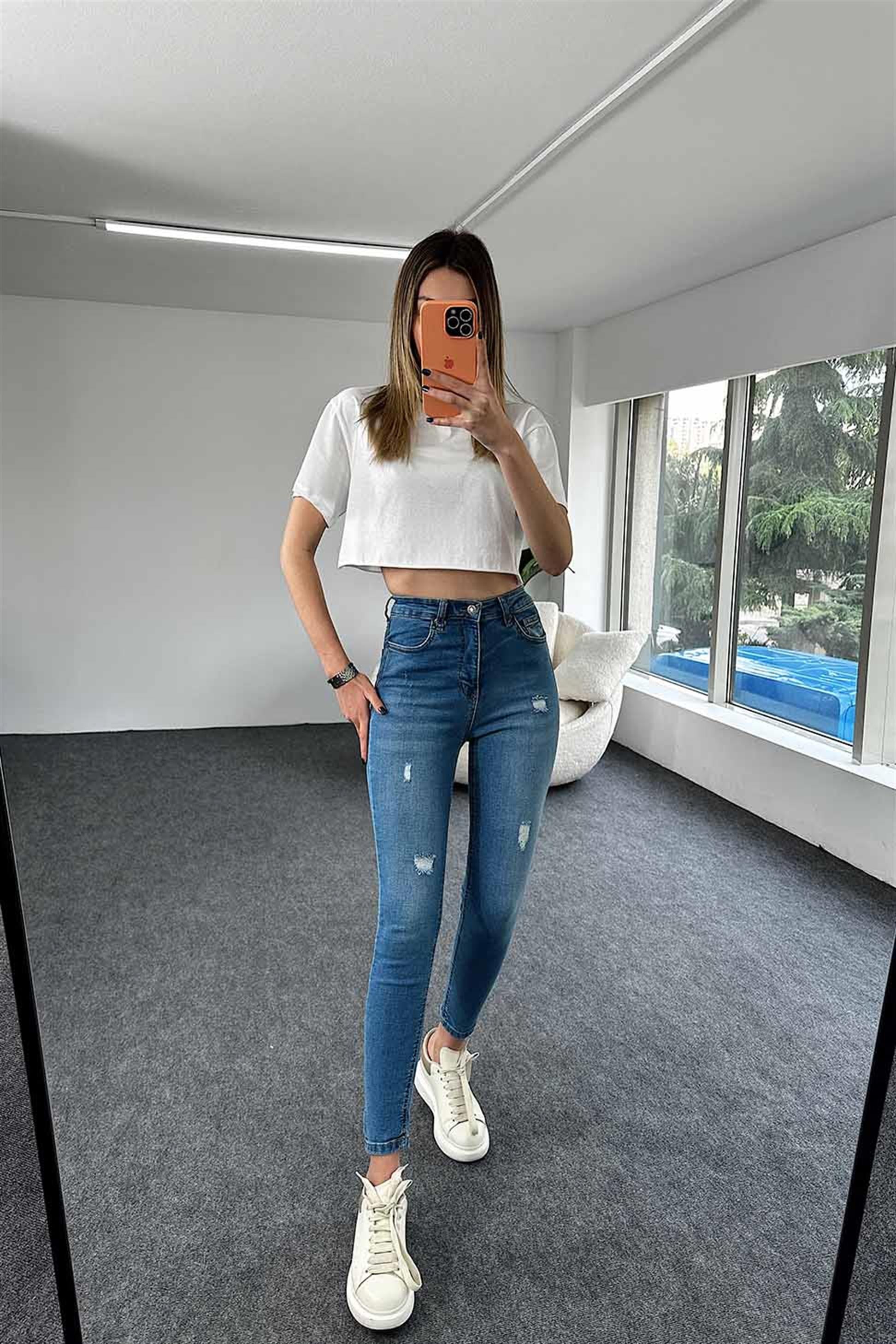 TOPSHOP Ultra Yüksek Bel Likralı Yırtık Skinny Jean Mavi
