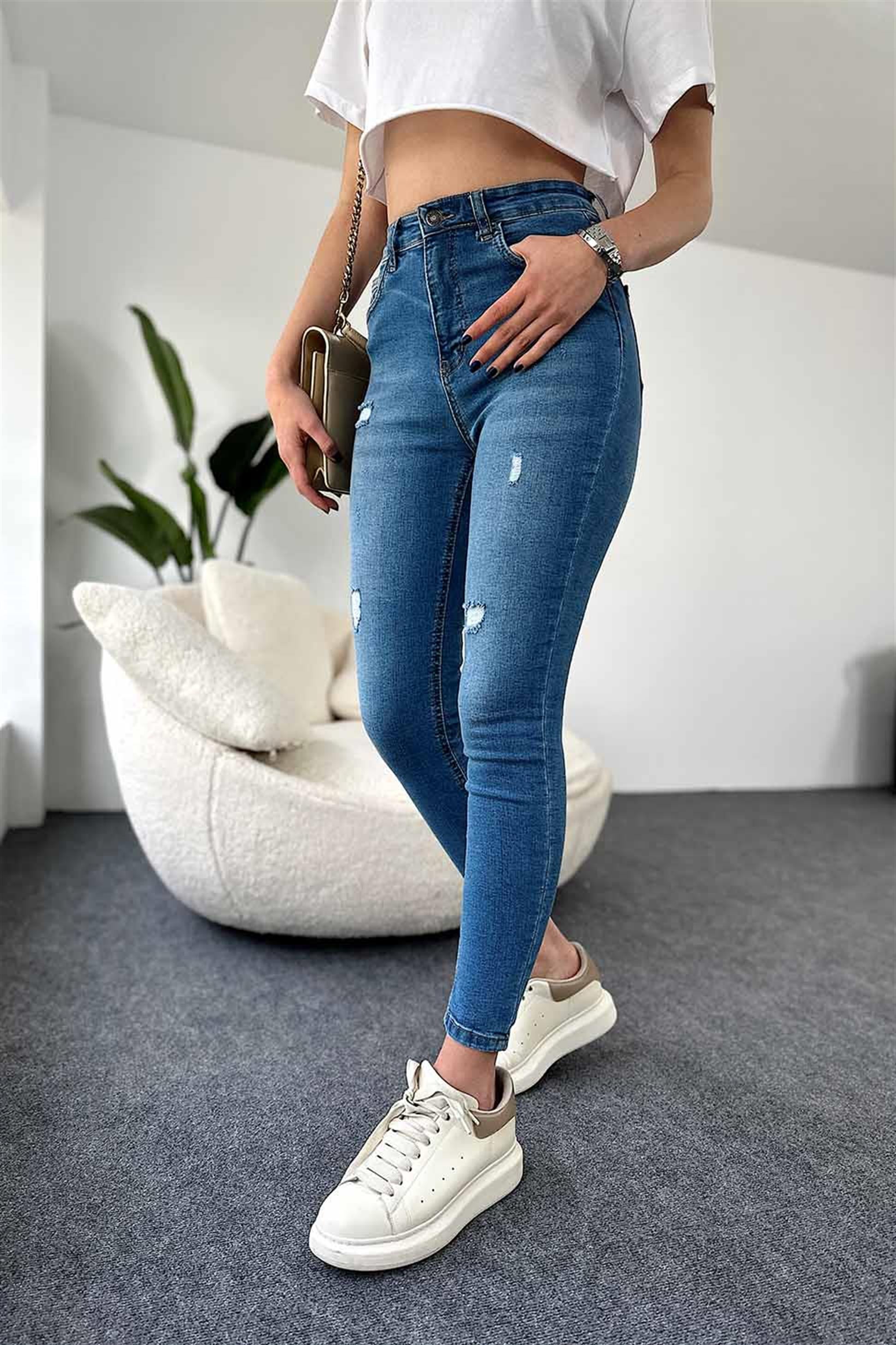TOPSHOP Ultra Yüksek Bel Likralı Yırtık Skinny Jean Mavi