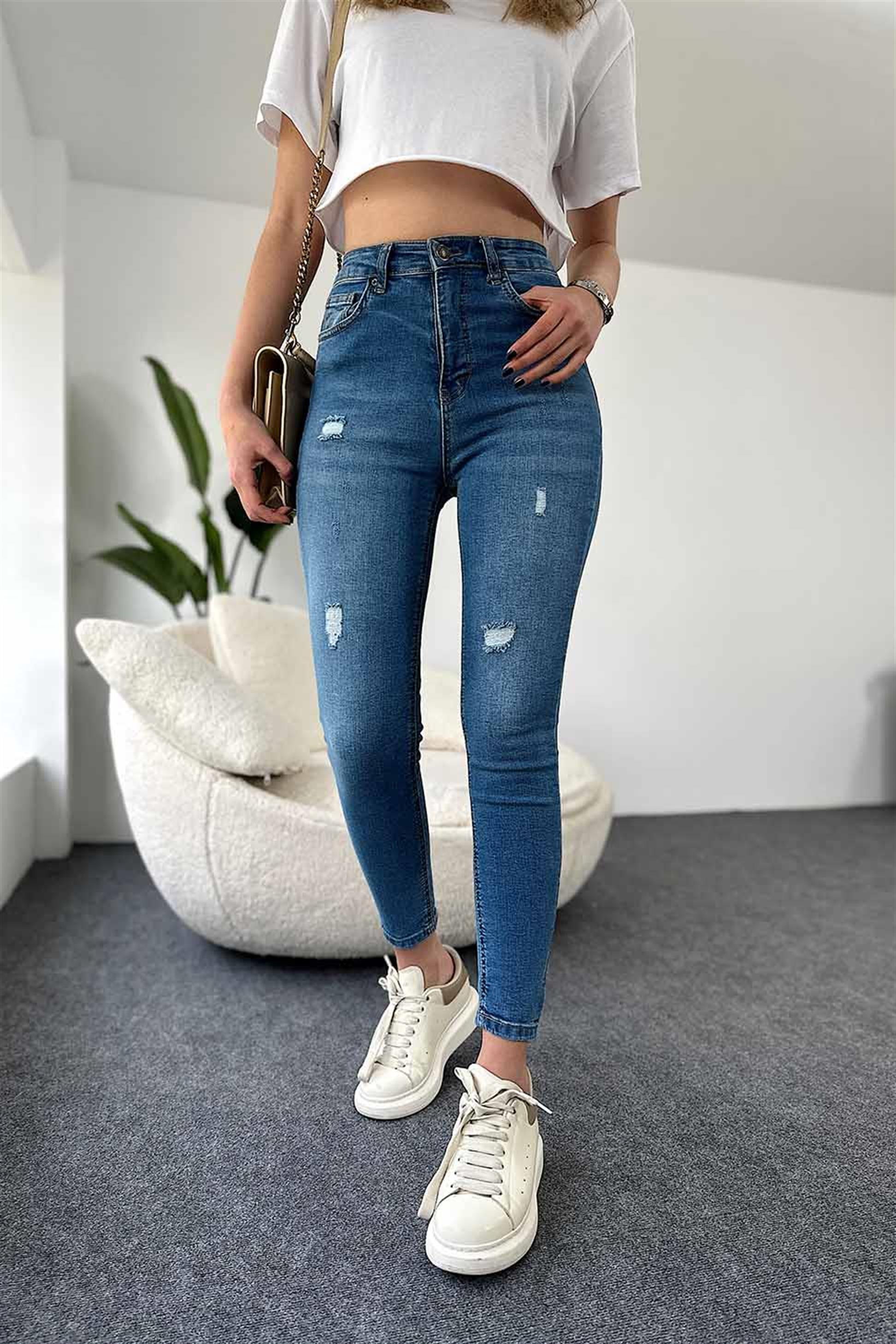 TOPSHOP Ultra Yüksek Bel Likralı Yırtık Skinny Jean Mavi