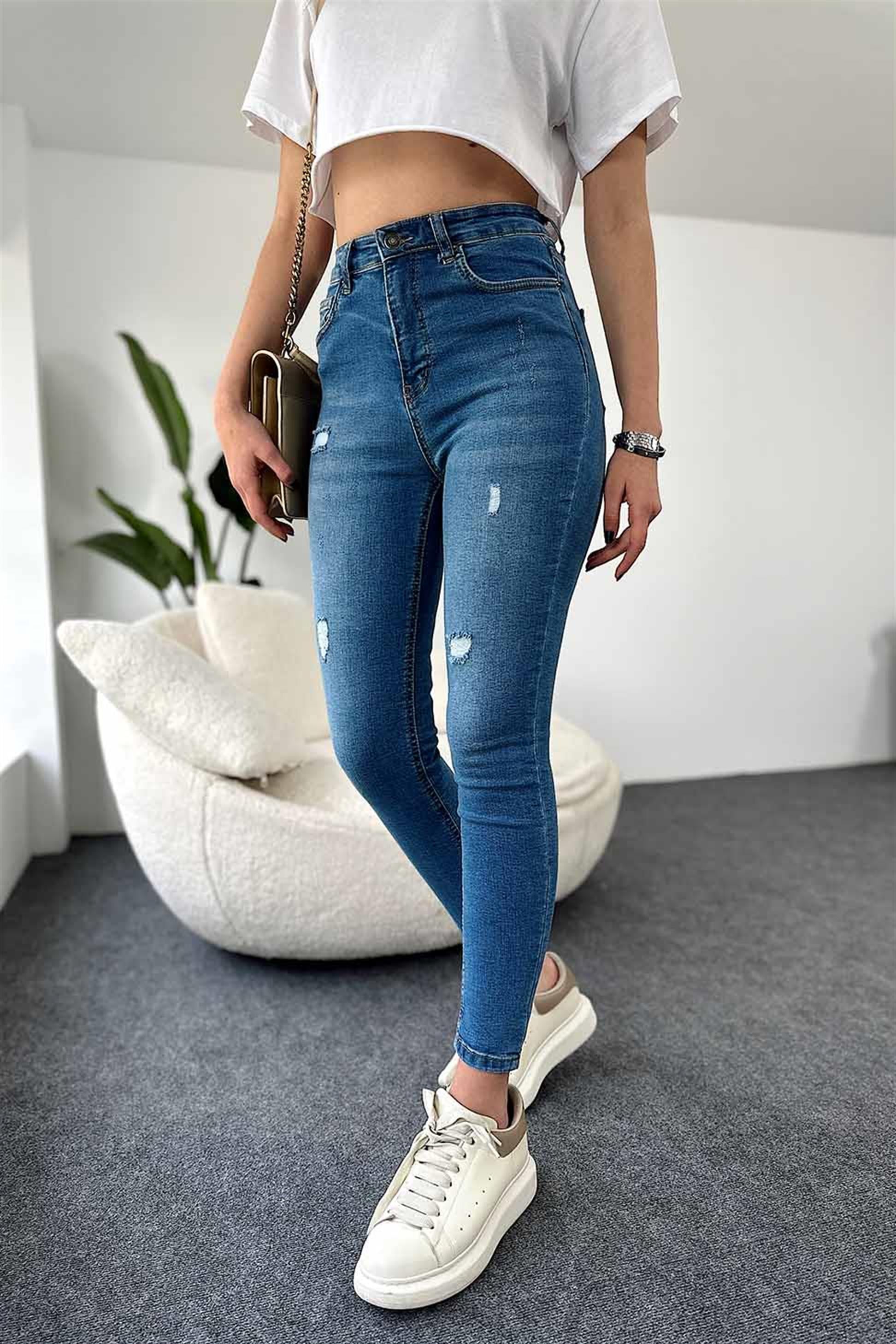 TOPSHOP Ultra Yüksek Bel Likralı Yırtık Skinny Jean Mavi
