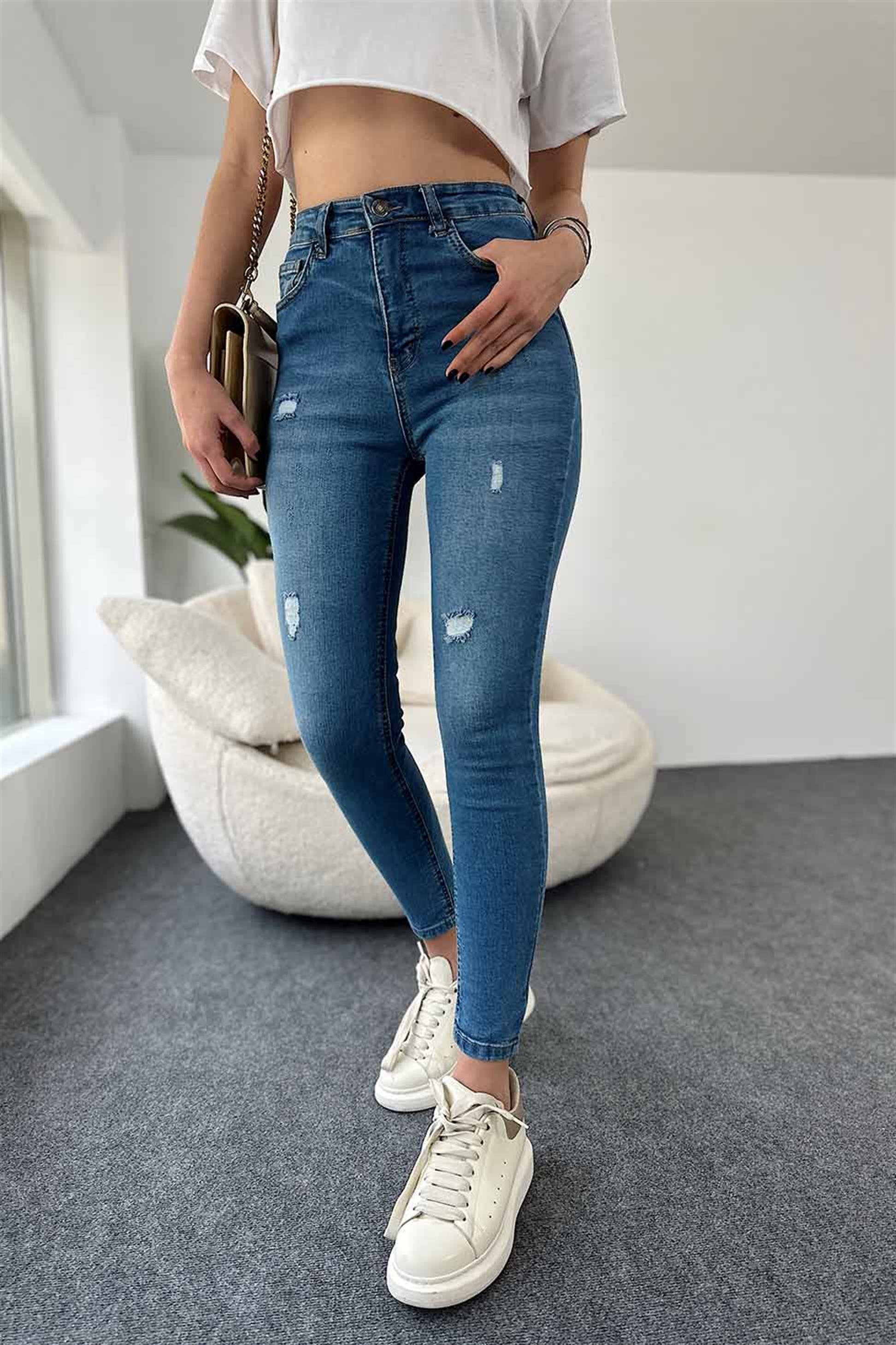 TOPSHOP Ultra Yüksek Bel Likralı Yırtık Skinny Jean Mavi