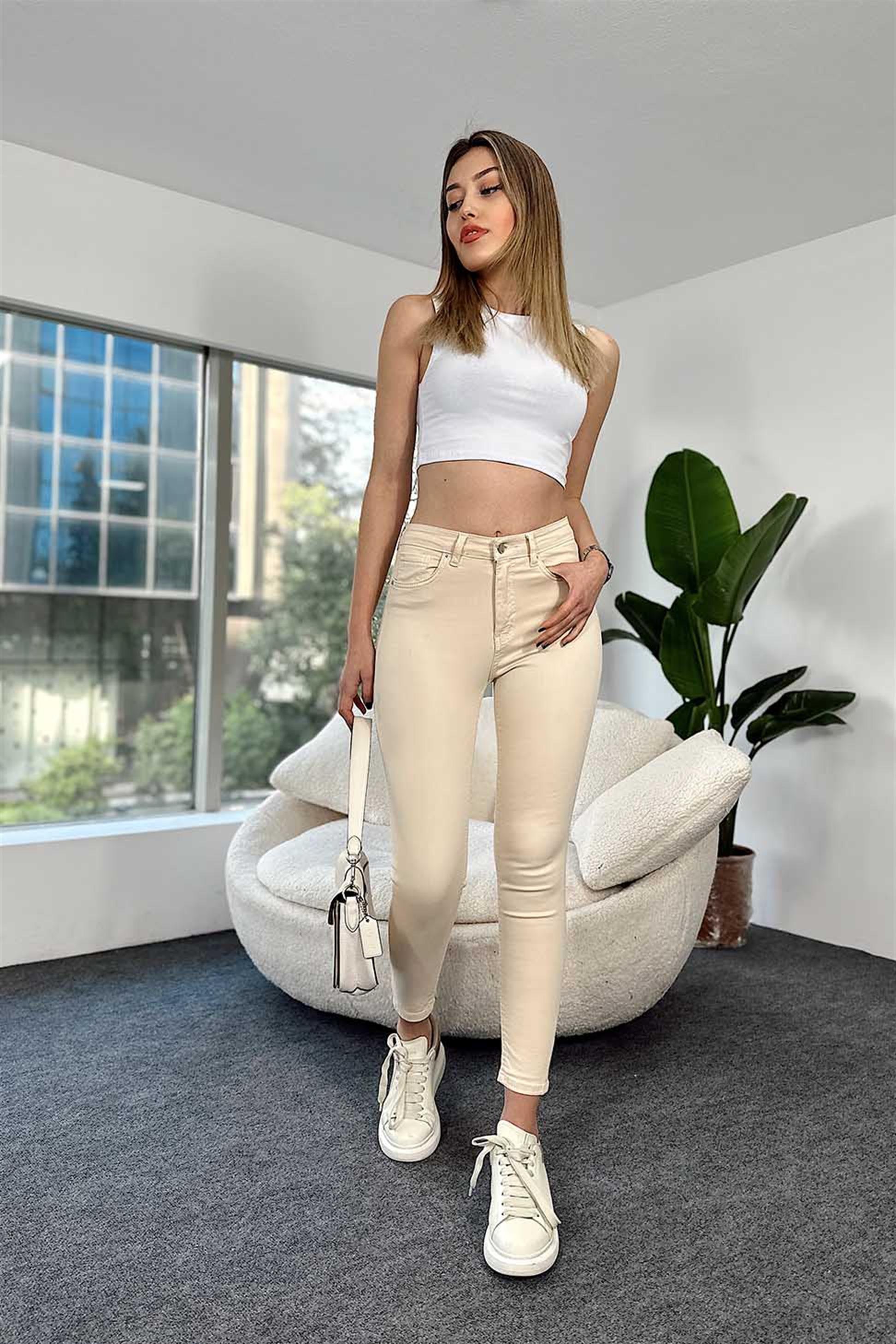 Topshop Yüksek Bel Skinny Likralı Pantolon Bej