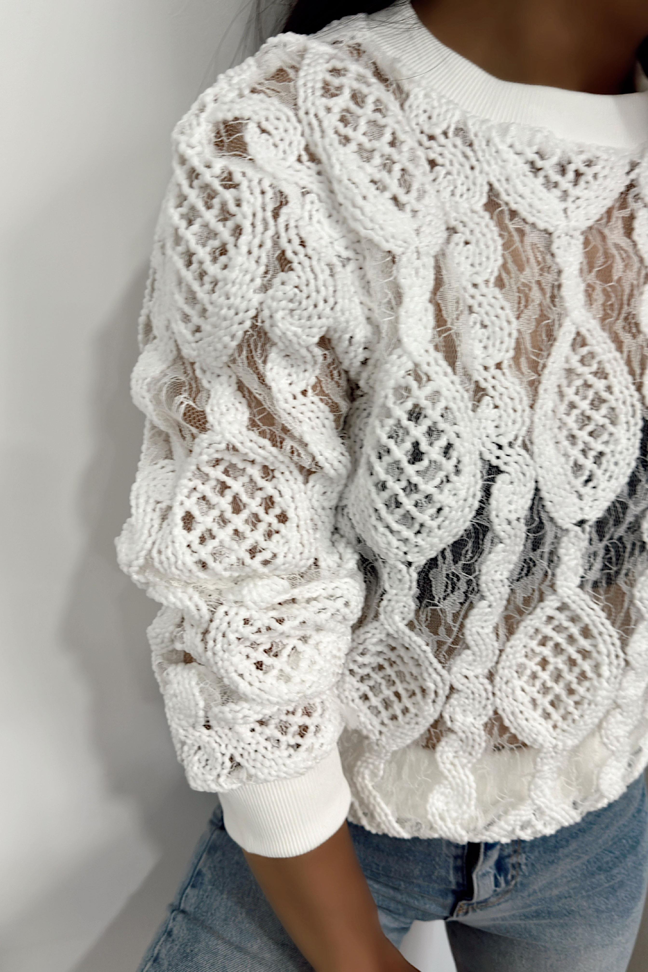 Transparan Örme Tasarım Triko Bluz Beyaz