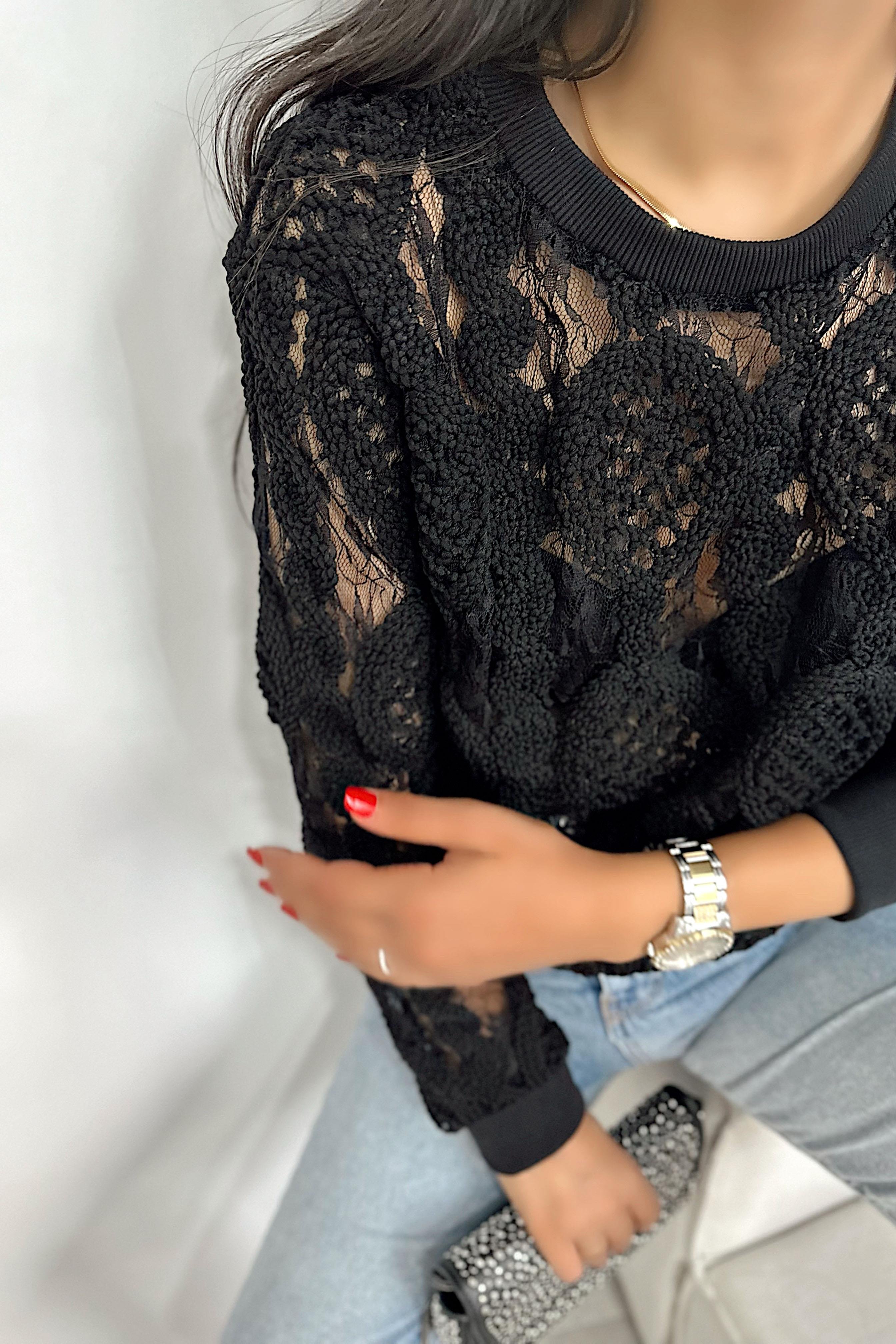 Transparan Örme Tasarım Triko Bluz Siyah