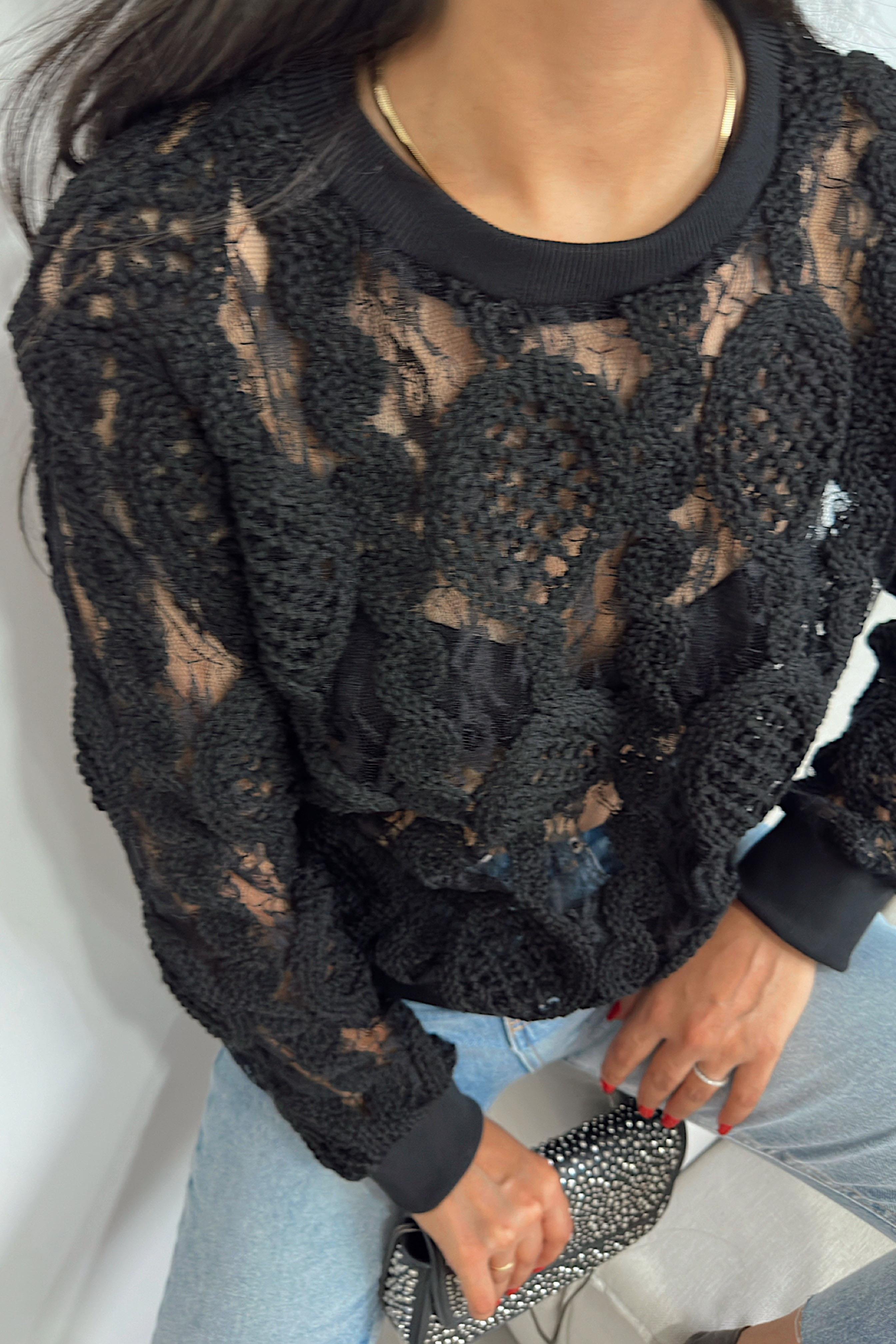 Transparan Örme Tasarım Triko Bluz Siyah