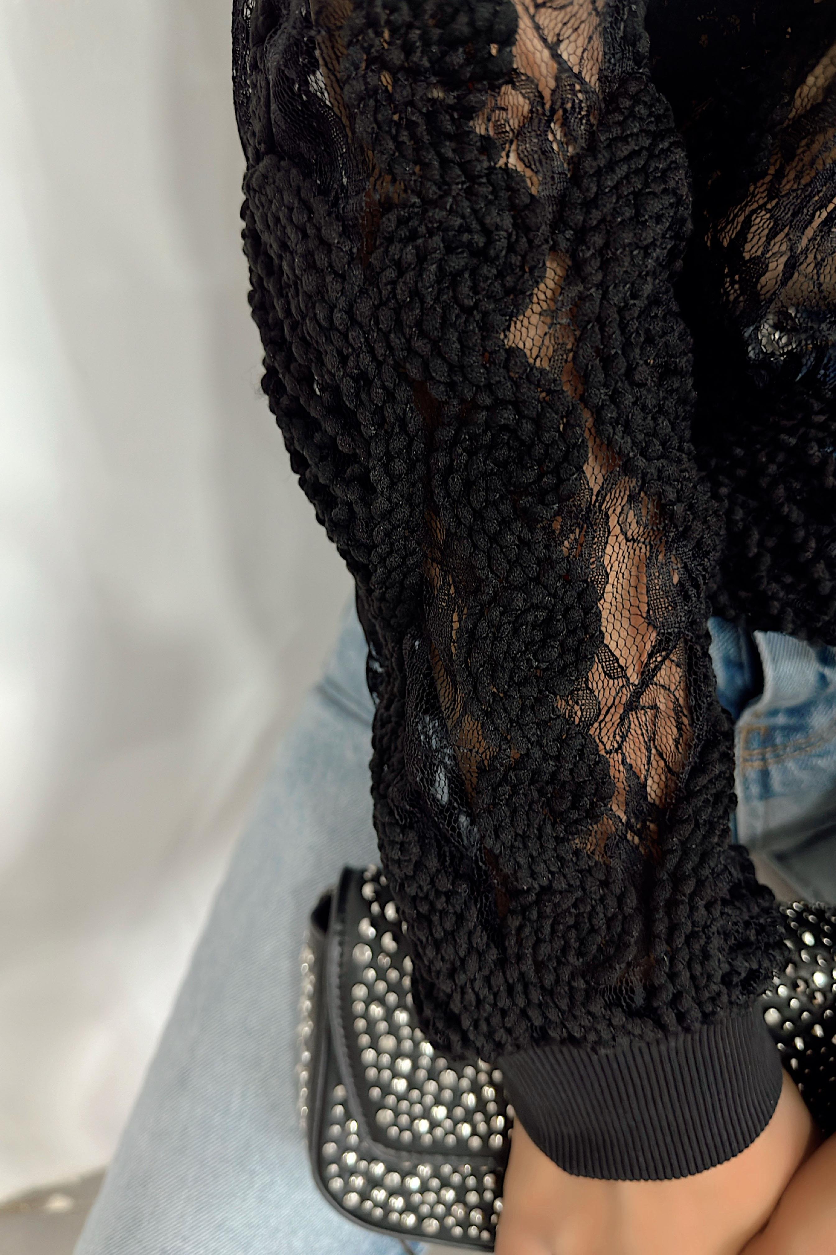 Transparan Örme Tasarım Triko Bluz Siyah