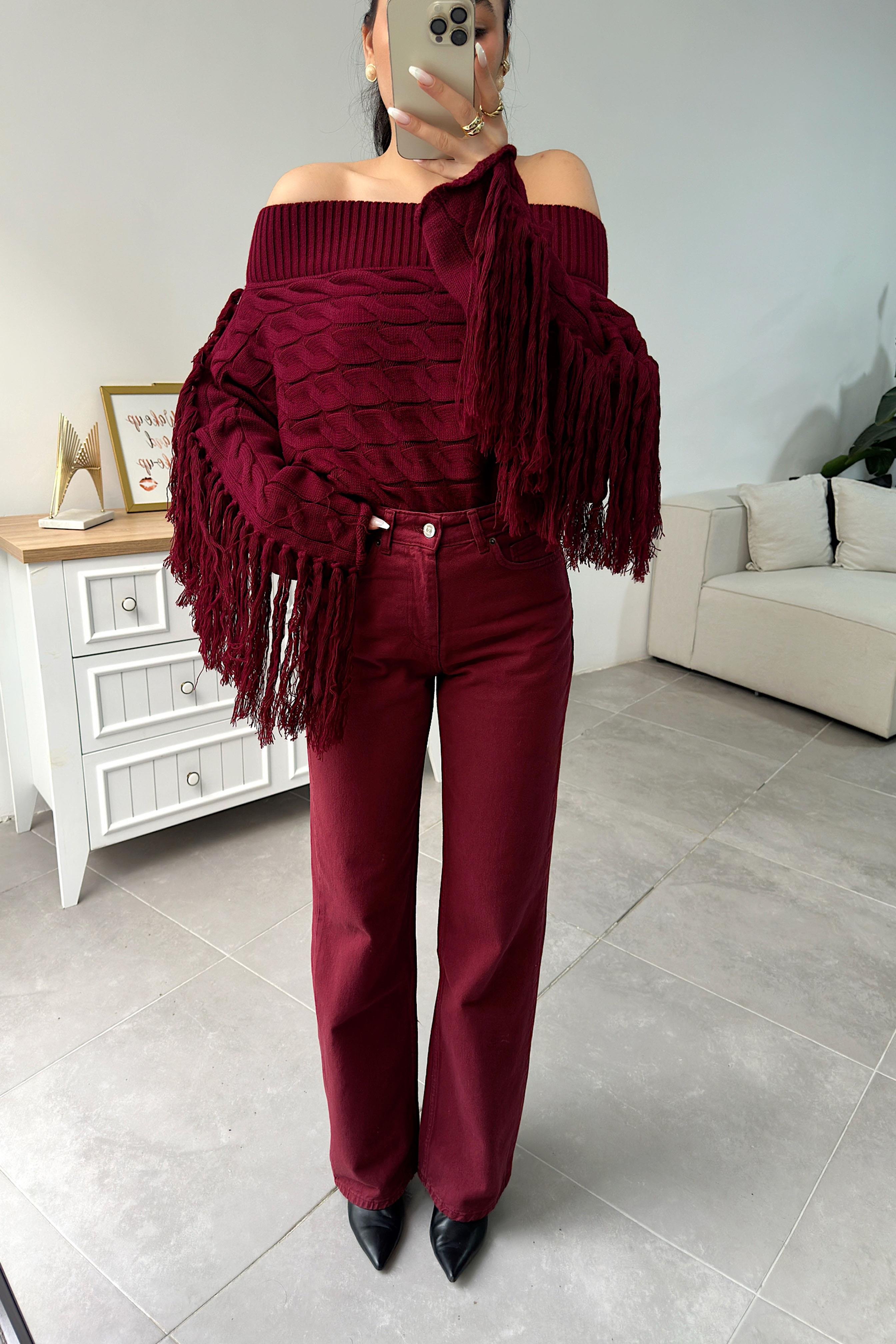 Ultra Yüksek Bel Straight Jean Pantolon Bordo