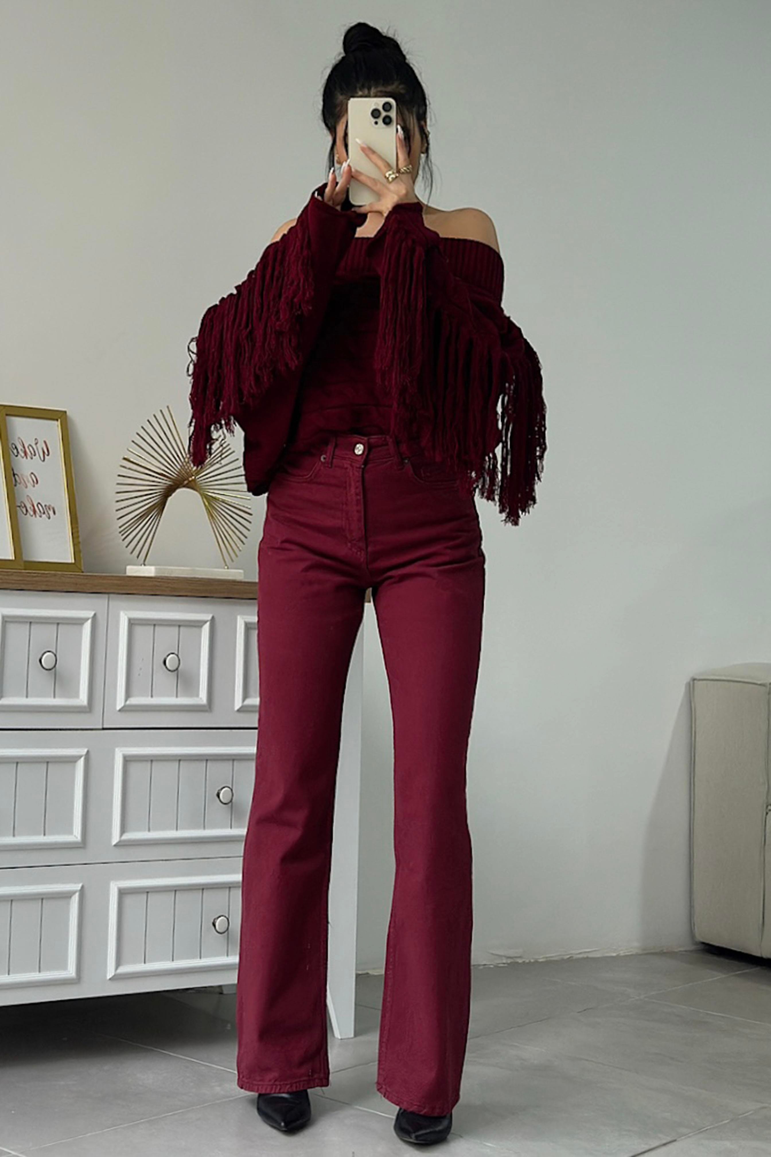 Ultra Yüksek Bel Straight Jean Pantolon Bordo